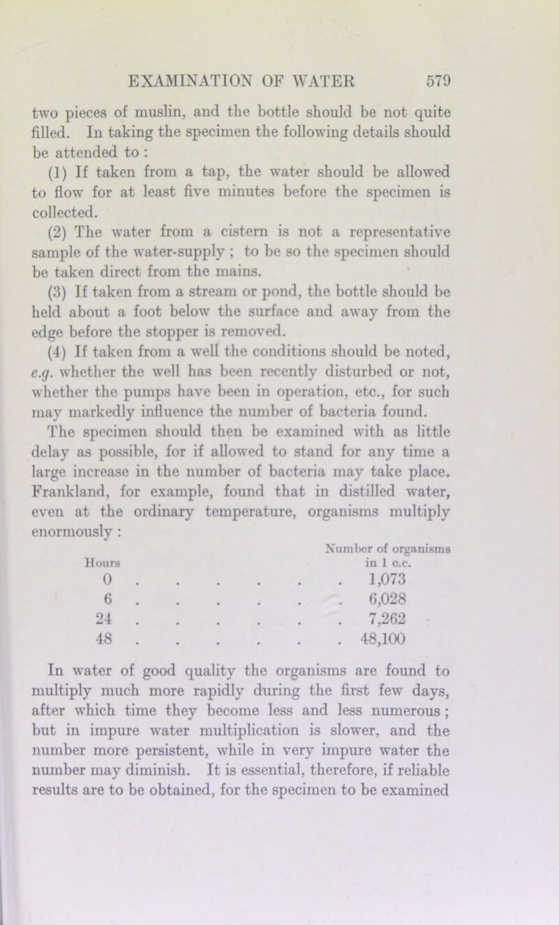 two pieces of muslin, and the bottle should be not quite filled. In taking the specimen the following details should be attended to : (1) If taken from a tap, the water should be allowed to flow for at least five minutes before the specimen is collected. (2) The water from a cistern is not a representative sample of the water-supply ; to be so the specimen should be taken direct from the mains. (3) If taken from a stream or pond, the bottle should be held about a foot below the surface and away from the edge before the stopper is removed. (4) If taken from a well the conditions should be noted, e.g. whether the well has been recently disturbed or not, whether the pumps have been in operation, etc., for such may markedly influence the number of bacteria found. The specimen should then be examined with as little delay as possible, for if allowed to stand for any time a large increase in the number of bacteria may take place. Frankland, for example, found that in distilled water, even at the ordinary temperature, organisms multiply enormously : Number of organisms Hours in 1 o.c. 0 6 24 48 1,073 6,028 7,262 48,100 In water of good quality the organisms are found to multiply much more rapidly during the first few days, after which time they become less and less numerous; but in impure water multiplication is slower, and the number more persistent, while in very impure water the number may diminish. It is essential, therefore, if reliable results are to be obtained, for the specimen to be examined