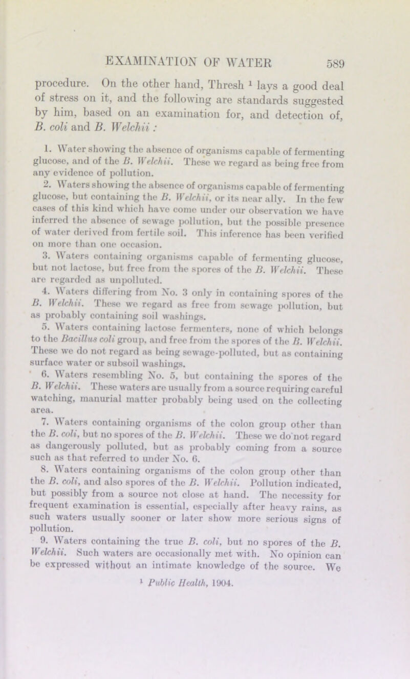 procedure. On the other hand, Thresh 1 lays a good deal of stress on it, and the following are standards suggested by him, based on an examination for, and detection of, B. coli and B. Welch ii : 1. \\ ater showing the absence of organisms capable of fermenting glucose, anil of the B. II elchii. these we regard as being free from any evidence of pollution. 2. Waters showing the absence of organisms capable of fermenting glucose, but containing the B. Welchii, or its near ally. In the few cases of this kind which have come under our observation we have inferred the absence of sewage pollution, but the possible presence of water derived from fertile soil. This inference has been verified on more than one occasion. 3. Waters containing organisms capable of fermenting glucose, but not lactose, but free from the sjiores of the B. Welch ii. These are regarded as unpolluted. 4. Waters differing from Xo. 3 only in containing spores of the B. Welchii. These we regard as free from sewage pollution, but as probably containing soil washings. 5. W aters containing lactose fermenters, none of which belongs to the Bacillus coli group, and free from the sjxires of the B. Welchii. These we do not regard as being sewnge-polluted, but as containing surface water or subsoil washings. 6. Waters resembling Xo. 5, but containing the spores of the B. Welchii. These waiters are usually from a source requiring careful watching, manurial matter probably being used on the collecting area. 7. Waters containing organisms of the colon group other than the B. coli, but no spores of the B. Welchii. These we do not regard as dangerously polluted, but as probably coming from a source such as that referred to under Xo. G. 8. W aters containing organisms of the colon group other than the B. coli, and also spores of the B. Welchii. Pollution indicated, but possibly from a source not close at hand. The necessity for frequent examination is essential, especially after heavy rains, as such waters usually sooner or later show more serious signs of pollution. 9. Wraters containing the true B. coli, but no spores of the B. Welchii. Such waters are occasionally met with. Xo opinion can be expressed without an intimate knowledge of the source. We x Public Health, 1904.