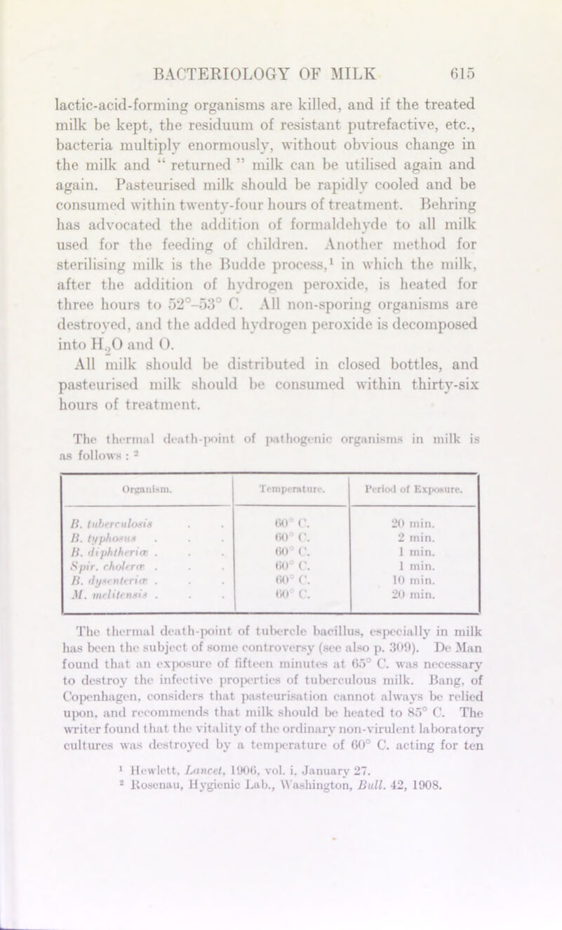 lactic-acid-forming organisms are killed, and if the treated milk be kept, the residuum of resistant putrefactive, etc., bacteria multiply enormously, without obvious change in the milk and “ returned ” milk can be utilised again and again. Pasteurised milk should be rapidly cooled and be consumed within twenty-four hours of treatment. Behring has advocated the addition of formaldehyde to all milk used for the feeding of children. Another method for sterilising milk is the Budde process,1 in which the milk, after the addition of hydrogen peroxide, is heated for three hours to 52°-53° C. All non-sporing organisms are destroyed, and the added hydrogen peroxide is decomposed into H.,0 and 0. All milk should be distributed in closed bottles, and pasteurised milk should be consumed within thirty-six hours of treatment. The thermal death-point of pathogenic organisms in milk is as follows : 2 Organism. Temperature. Period of Exposure. B. tuberculosis 60° C. 20 inin. B. typhosus 60° C. 2 min. B. (liphtherire . 60° C. 1 min. Spir. cholrrcr . 60° C. 1 min. B. dysenteries . 60° C. 10 min. M. melitensis . 00: C. 20 min. The thermal death-point of tubercle bacillus, especially in milk has been the subject of some controversy (see also p. 309). De Man found that an exposure of fifteen minutes at 03° C. was necessary to destroy the infective properties of tuberculous milk. Bang, of Copenhagen, considers that pasteurisation cannot always be relied upon, and recommends that milk should be heated to 85° C. The writer found that the vitality of the ordinary non-virulent laboratory cultures was destroyed by a temperature of 60° C. acting for ten 1 Hewlett, Lancet, 1906, vol. i. January 27. 2 Rosenau, Hygienic Lab., Washington, Bull. 42, 1908.