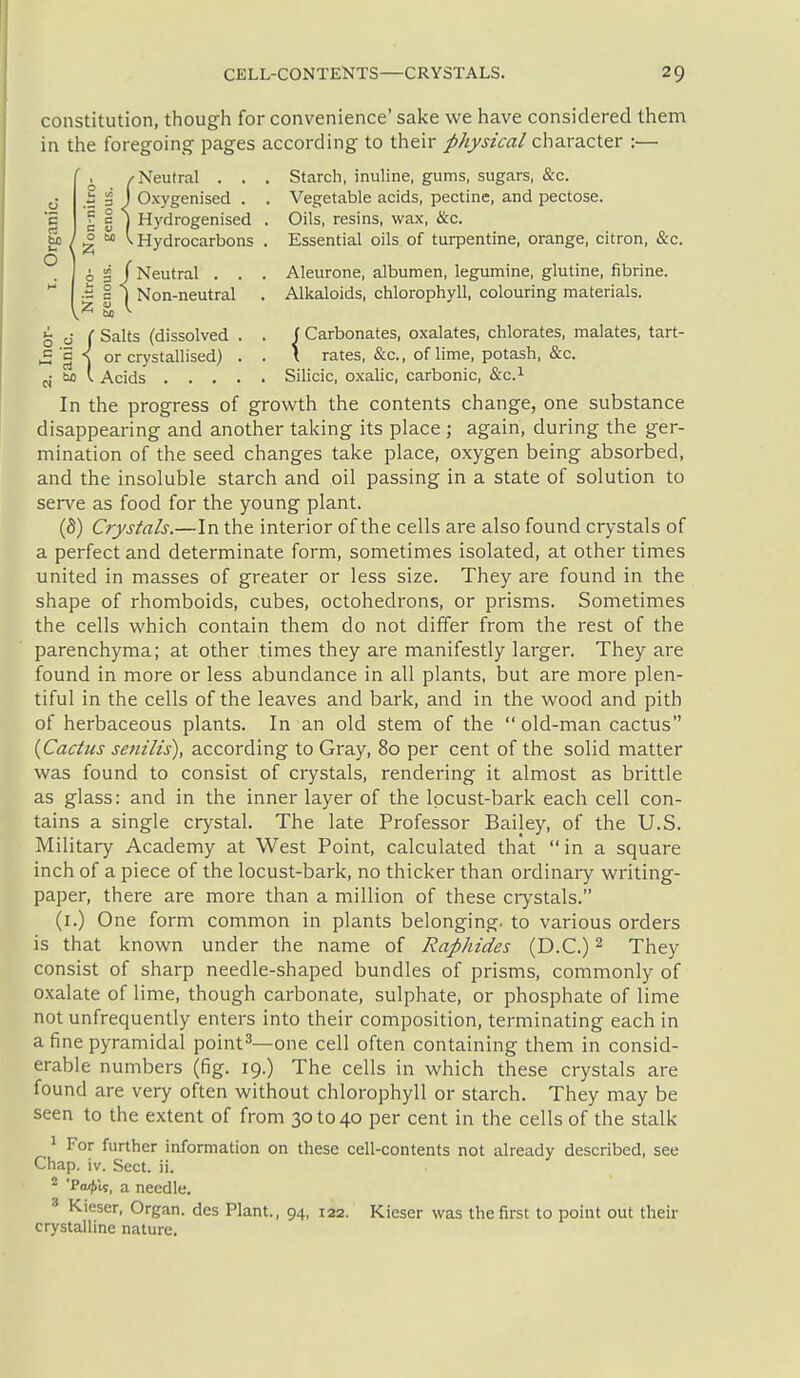 constitution, though for convenience' sake we have considered thenn in the foregoing pages according to their physical character :— /Neutral . . . Starch, inuline, gums, sugars, &c. J Oxygenised . . Vegetable acids, pectinc, and pectose. j Hydrogenised . Oils, resins, wax, &c. g) ; 5 5) I Hydrocarbons . Essential oils of turpentine, orange, citron, &c. i S j Neutral . . . Aleurone, albumen, legumine, glutine, fibrine. •- c 1 Non-neutral . Alkaloids, chlorophyll, colouring materials. ^ Si ^ .- 3 s % o { Salts (dissolved . . f Carbonates, oxalates, chlorates, malates, tart- or crystallised) . . \ rates, &c., of lime, potash, &c. ba (. Acids Silicic, oxalic, carbonic, &c.i In the progress of growth the contents change, one substance disappearing and another taking its place ; again, during the ger- mination of the seed changes take place, oxygen being absorbed, and the insoluble starch and oil passing in a state of solution to serve as food for the young plant. (S) Crystals.—In the interior of the cells are also found crystals of a perfect and determinate form, sometimes isolated, at other times united in masses of greater or less size. They are found in the shape of rhomboids, cubes, octohedrons, or prisms. Sometimes the cells which contain them do not differ from the rest of the parenchyma; at other times they are manifestly larger. They are found in more or less abundance in all plants, but are more plen- tiful in the cells of the leaves and bark, and in the wood and pith of herbaceous plants. In an old stem of the  old-man cactus {Cactus senilis), according to Gray, 80 per cent of the solid matter was found to consist of crystals, rendering it almost as brittle as glass: and in the inner layer of the Ipcust-bark each cell con- tains a single crystal. The late Professor Bailey, of the U.S. Military Academy at West Point, calculated that  in a square inch of a piece of the locust-bark, no thicker than ordinaiy writing- paper, there are more than a million of these ciystals. (i.) One form common in plants belonging, to various orders is that known under the name of Raphides (D.C.) ^ They consist of sharp needle-shaped bundles of prisms, commonly of oxalate of lime, though carbonate, sulphate, or phosphate of lime not unfrequently enters into their composition, terminating each in a fine pyramidal point^—one cell often containing them in consid- erable numbers (fig. 19.) The cells in which these crystals are found are very often without chlorophyll or starch. They may be seen to the extent of from 301040 per cent in the cells of the stalk ^ For further information on these cell-contents not already described, see Chap. iv. Sect. ii. * 'Pou(>is, a needle. ' Kieser, Organ, des Plant., 94, 122. Kieser was the first to point out their crystalline nature.