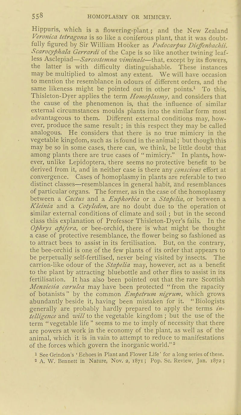 Hippuris, which is a flowering-plant; and the New Zealand Veronica tetragona is so like a coniferous plant, that it was doubt- fully figured by Sir William Hooker as Podocarpus Dieffcnbachii. Scarocyphala Gerrardi of the Cape is so like another twining leaf- less Asclepiad—Sarcostemna viminale—that, except by its flowers, the latter is with difficulty distinguishable. These instances may be multiplied to almost any extent. We will have occasion to mention the resemblance in odours of different orders, and the same likeness might be pointed out in other points.^ To this, Thisleton-Dyer applies the term Homoplasmy, and considers that the cause of the phenomenon is, that the influence of similar external circumstances moulds plants into the similar form most advantageous to them. Different external conditions may, how- ever, produce the same result; in this respect they may be called analogous. He considers that there is no true mimicry in the vegetable kingdom, such as is found in the animal; but though this may be so in some cases, there can, we think, be little doubt that among plants there are true cases of  mimicry. In plants, how- ever, unlike Lepidoptera, there seems no protective benefit to be derived from it, and in neither case is there any conscious effort at convergence. Cases of homoplasmy in plants are referable to two distinct classes—resemblances in general habit, and resemblances of particular organs. The former, as in the case of the homoplasmy between a Cactus and a Euphorbia or a Stapclia, or between a Kleinia and a Cotyledon, are no doubt due to the operation ot similar external conditions of climate and soil ; but in the second class this explanation of Professor Thisleton-Dyer's fails. In the Ophrys apifera, or bee-orchid, there is what might be thought a case of protective resemblance, the flower being so fashioned as to attract bees to assist in its fertilisation. But, on the contrary, the bee-orchid is one of the few plants of its order that appears to be perpetually self-fertilised, never being visited by insects. The carrion-like odour of the Stapelia may, however, act as a benefit to the plant by attracting bluebottle and other flies to assist in its fertilisation. It has also been pointed out that the rare Scottish Mefiziesia ccerulea may have been protected  from the rapacity of botanists  by the common Empet7-tim nigrum, which grows abundantly beside it, having been mistaken for it.  Biologists generally are probably hardly prepared to apply the terms in- telligence and will to the vegetable kingdom ; but the use of the term vegetable life  seems to me to imply of necessity that there are powers at work in the economy of the plant, as well as of the animal, which it is in vain to attempt to reduce to manifestations of the forces which govern the inorganic world.- 1 See Grindon's ' Echoes in Plant and Flower Life' for a long series of these. 2 A. W. Bennett in Nature, Nov. 2, 1871; Pop. Sc. Review, Jan. 1872 ;