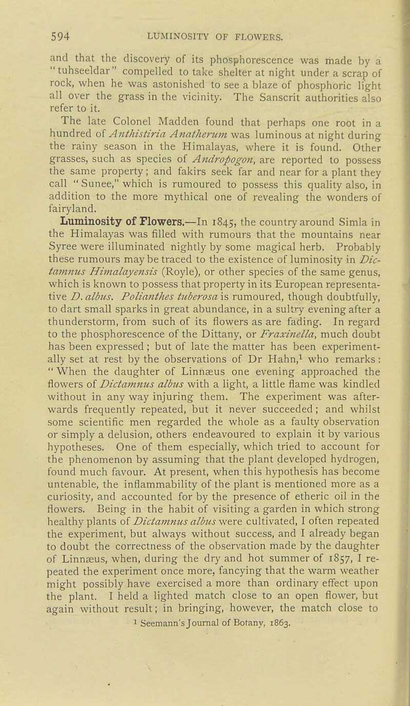 and that the discovery of its phosphorescence was rhade by a tuhseeldar compelled to take shelter at night under a scrap of rock, when he was astonished to see a blaze of phosphoric light all over the grass in the vicinity. The Sanscrit authorities also refer to it. The late Colonel Madden found that perhaps one root in a hundred oi Anthistiria Anatherum was luminous at night during the rainy season in the Himalayas, vi'here it is found. Other grasses, such as species of Andropogoji, are reported to possess the same property; and fakirs seek far and near for a plant they call  Sunee, which is rumoured to possess this quality also, in addition to the more mythical one of revealing the wonders of fairyland. Luminosity of Flowers—In 1845, the country around Simla in the Himalayas was filled with rumours that the mountains near Syree were illuminated nightly by some magical herb. Probably these rumours may be traced to the existence of luminosity in Dic- tanimcs Htmalayensis (Royle), or other species of the same genus, which is known to possess that property in its European representa- tive D. albus. Polianthes Ucberosa is rumoured, though doubtfully, to dart small sparks in great abundance, in a sult^-y evening after a thunderstorm, from such of its flowers as are fading. In regard to the phosphorescence of the Dittany, or Fraxinella, much doubt has been expressed ; but of late the matter has been experiment- ally set at rest by the observations of Dr Hahn,^ who remarks :  When the daughter of Linhasus one evening approached the flowers of Dictamnus albus with a light, a little flame was kindled without in any way injuring them. The experiment was after- wards frequently repeated, but it never succeeded; and whilst some scientific men regarded the whole as a faulty observation or simply a delusion, others endeavoured to explain it by various hypotheses. One of them especially, which tried to account for the phenomenon by assuming that the plant developed hydrogen, found much favour. At present, when this hj'pothesis has become untenable, the inflammability of the plant is mentioned more as a curiosity, and accounted for by the presence of etheric oil in the flowers. Being in the habit of visiting a garden in which strong healthy plants of Dictamnus albus were cultivated, I often repeated the experiment, but always without success, and I already began to doubt the correctness of the observation made by the daughter of Linnseus, when, during the dry and hot summer of 1857, I re- peated the experiment once more, fancying that the warm weather might possibly have exercised a more than ordinary effect upon the plant. I held a lighted match close to an open flower, but again without result; in bringing, however, the match close to 1 Seemann's Journal of Botany, 1863.