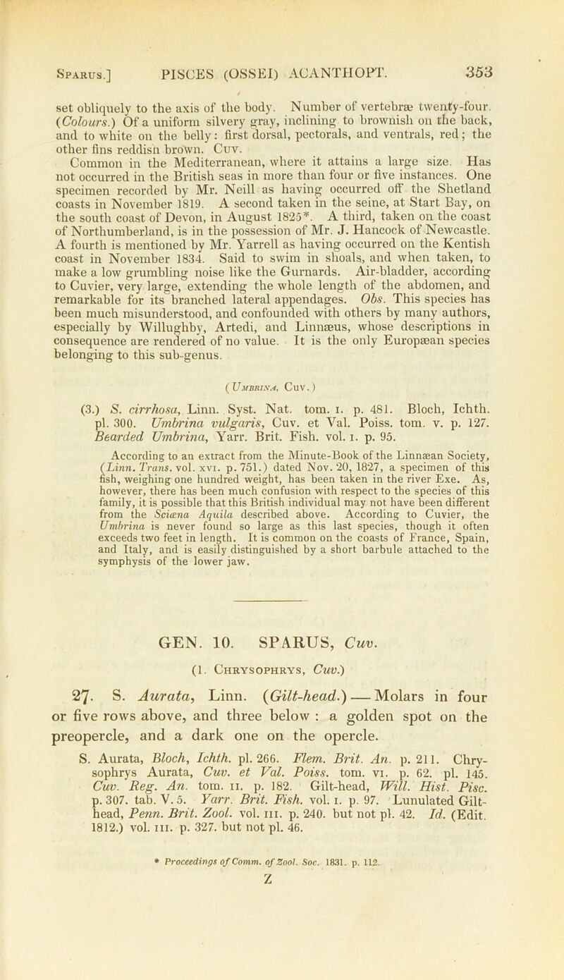 set obliquely to the axis of the body. Number of vertebra; twenty-four. {Colours.) Of a uniform silvery gray, inclining to brownish on the back, and to white on the belly: first dorsal, pectorals, and ventrals, red; the other fins reddish brown. Cuv. Common in the Mediterranean, where it attains a large size. Has not occurred in the British seas in more than four or five instances. One specimen recorded by Mr. Neill as having occurred off the Shetland coasts in November 1819. A second taken in the seine, at Start Bay, on the south coast of Devon, in August 1825*. A third, taken on the coast of Northumberland, is in the possession of Mr. J. Hancock of Newcastle. A fourth is mentioned by Mr. Yarrell as having occurred on the Kentish coast in November 1834. Said to swim in shoals, and when taken, to make a low grumbling noise like the Gurnards. Air-bladder, according to Cuvier, very large, extending the whole length of the abdomen, and remarkable for its branched lateral appendages. Obs. This species has been much misunderstood, and confounded with others by many authors, especially by Willughby, Artedi, and Linnaeus, whose descriptions in consequence are rendered of no value. It is the only Europaean species belonging to this sub-genus. ( U MBRIS’A, Cuv.) (3.) S. cirrhosa, Linn. Syst. Nat. tom. i. p. 481. Bloch, Ichth. pi. 300. Umbrina vulgaris, Cuv. et Val. Poiss. tom. v. p. 127. Bearded Umbrina, Yarr. Brit. Fish. vol. i. p. 95. According to an extract from the Minute-Book of the Linnaean Society, (Linn. Trans, vol. xvi. p. 751.) dated Nov. 20, 1827, a specimen of this nsh, weighing one hundred weight, has been taken in the river Exe. As, however, there has been much confusion with respect to the species of this family, it is possible that this British individual may not have been different from the Scitena Aquila described above. According to Cuvier, the Umbrina is never found so large as this last species, though it often exceeds two feet in length. It is common on the coasts of France, Spain, and Italy, and is easily distinguished by a short barbule attached to the symphysis of the lower jaw. GEN. 10. SPARUS, Cuv. (1. Chrysophrys, Cuv.) 27. s. Aurata, Linn. (Gilt-head.)— Molars in four or five rows above, and three below : a golden spot on the preopercle, and a dark one on the opercle. S. Aurata, Bloch, Ichth. pi. 266. Flem. Brit. An. p. 211. Chry- sophrys Aurata, Cuv. et Val. Poiss. tom. vi. p. 62. pi. 145. Cuv. Reg. An. tom. 11. p. 182. Gilt-head, Will. Hist. Pise. p. 307. tab. V. 5. Yarr. Brit. Fish. vol. 1. p. 97. Lunulated Gilt- head, Penn. Brit. Zool. vol. hi. p. 240. but not pi. 42. Id. (Edit. 1812.) vol. hi. p. 327. but not pi. 46. ♦ Proceedings of Comm, of Zool. Soc. 1831. p. 112. z