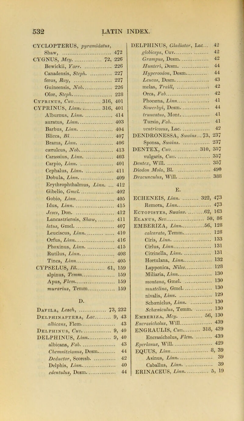 CYCLOPTERUS, pyramidattis. Shaw, 472 CYGNUS, Mey, 72, 226 Bewickii, Yarr 226 Canadensis, Stepli 227 ferus, Ray, 227 Guineensis, Nob 226 Olor, Steph 228 Cyprinus, Cuv 316, 401 CYPRINUS, Linn 316, 401 Alburnus, Linn 414 auratus, Linn 403 Barbus, Linn 404 Blicca, Bl 407 Brama, Linn 406 casruleus, Nob 413 Carassius, Linn 403 Carpio, Linn 401 Cephalus, Linn 411 Dobula, Linn 409 Erythrophthalmus, Linn. ... 412 Gibelio, Gmcl. 402 Gobio, Linn 405 Idus, Linn 415 Jeses, Don 412 Lancastriensis, Shaw, 411 latus, Gmel 407 Leuciscus, Linn 410 Orfus, Linn 416 Phoxinus, Linn 415 Rutilus, Linn 408 Tinea, Linn 405 CYPSELUS, III 61, 159 alpinus, Temm 159 Apus, Flem 159 murarius, Temm , 159 D. Dafila, Leach, 73, 232 Delfhinaptera, Lac 9, 43 albicans, Flem 43 Delphinus, Cuv 9, 40 DELPHINUS, Linn 9, 40 albicans, Fab 43 Cliemnitzianus, Desm 44 Deductor, Scoresb 42 Delphis, Linn 40 edcntulus, Desm 44 DELPHINUS, Gladiator, Lac... 42 fflobiceps, Cuv 42 Grampus, Desm 42 Hunieri, Desm 44 Hyperoodon, Desm... 44 Leucas, Desm 43 melas, Traill, s 42 Orca, Fab 42 Phoccena, Linn 41 Sowetbyi, Desm 44 truncatus, Mont 41 Tursio, Fab 41 vcntricosus, Lac 42 DENDRONESSA, Swains... 7$, 237 Sponsa, Swains 237 DENTEX, Cuv 310, 357 vulgaris, Cuv 357 Dentex, Will 357 Diodon Mola, Bl 490 Dracunculus, Will 388 E. ECHENEIS, Linn Remora, Linn Ectopistes, Swains. ... Elanus, Sav.... EMBERIZA, Linn calcarata, Temm Ciris, Linn Cirlus, Linn Citrinella, Linn Hortulana, Linn Lapponica, Nilss. Miliaria, Linn montana, Gmel mustelina, Gmel nivalis, Linn Schceniclus, Linn. .. Schceniculus, Temm. Embekiza, Mcy Encrasicholus, Will ENGRAULIS, Cuv Encrasicholus, Flem. Eperlanus, Will EQUUS, Linn Asinus, Linn Caballus, Linn ERINACEUS, Linn 322, 473 473 ..62, 163 .. 50, 86 ..56, 128 128 133 131 131 132 128 130 130 130 129 130 130 . 56, 130 439 318, 439 439 429 .... 8, 39 39 39 5, 19