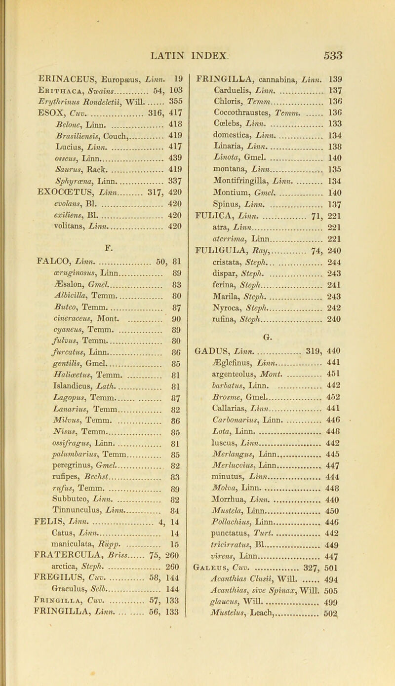 ERINACEUS, Europffius, Linn. 19 Ehithaca, Swains 54, 103 Erythrinus Rondeletii, Will 355 ESOX, Cuv 316, 417 Belonc, Linn 418 Brasiliensis, Couch, 419 Lucius, Linn 417 os,tens, Linn 439 Saurus, Rack 419 Sphyrcena, Linn 337 EXOCCETUS, Linn 317, 420 evolans, B1 420 exiliens, B1 420 volitans, Linn 420 F. FALCO, Linn 50, 81 ceruginosus, Linn 89 JE salon, Gmel. 83 Albicilla, Temm 80 Buteo, Temm 87 cineraceus, Mont 90 cyaneus, Temm 89 fulvus, Temm 80 furcatus, Linn 86 gentilis, Gmel 85 Haliceetns, Temm 81 Islandicus, Lath 81 Lagopus, Temm 87 Lanarius, Temm 82 Milvus, Temm 86 AHsus, Temm 85 ossifragus, Linn 81 palumbarius, Temm 85 peregrinus, Gmel. 82 rufipes, Bechst 83 rufus, Temm 89 Subbuteo, Linn 82 Tinnunculus, Linn 84 FELIS, Linn 4, 14 Catus, Linn 14 maniculata, Rupp 15 FRATERCULA, Brits 75, 260 arctica, Stepli 260 FREGILUS, Cuv 58, 144 Graculus, Sell 144 Fringilla, Cuv 57, 133 FRINGILLA, Linn 56, 133 FRINGILLA, cannabina, Linn. 139 Carduelis, Linn 137 Chloris, Temm 136 Coccothraustes, Temm 136 Coelebs, Linn 133 domestica, Linn 134 Linaria, Linn 138 Linota, Gmel 140 montana, Linn ... 135 Montifringilla, Linn 134 Montium, Gmel. 140 Spinus, Linn 137 FULICA, Linn 71, 221 atra, Linn 221 aterrima, Linn 221 FULIGULA, Ray, 74, 240 cristata, Stepli 244 dispar, Stepli 243 ferina, Stepli 241 Marila, Stepli 243 Nyroca, Stepli 242 rufina, Stepli 240 G. GADUS, Linn 319, 440 iEglefinus, Linn 441 argenteolus, Mont 451 barbatus, Linn 442 Brosme, Gmel 452 Callarias, Linn 441 Carbonarius, Linn 446 Lola, Linn 448 luscus, Linn 442 Merlangus, Linn 445 Merluccius, Linn 447 minutus, Linn 444 Molva, Linn 448 Morrhua, Linn 440 Mustela, Linn 450 Pollachius, Linn 446 punctatus, Turt 442 tricirratus, B1 449 virens, Linn 447 Galeus, Cuv 327, 501 Acanthias Clusii, Will 494 Acanthias, sive Spinax, Will. 505 glaucus, Will 499 Mustelus, Leach, 502