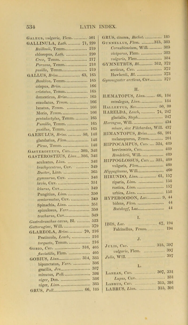 Gale us, vulgaris, Flem 501 GALLINULA, Lath 71, 220 Baillonii, Temm 219 chloropus, Lath 220 Crcx, Temm 217 Porzana, Temm 218 pusilla, Temm 219 GALLUS, Briss 013, 185 Banldva, Temm 185 crispus, Briss 166 cristatus, Temm 165 domesticus, Briss 165 ecaudatus, Temm 166 lanatus, Temm 166 Morio, Temm 166 pentadactylus, Temm 165 Pumilio, Temm 165 pusillus, Temm 165 GARRULUS, Briss 58, 118 glandarius, Flem 148 Pious, Temm 148 Gastehosteus, Cuv 309, 348 GASTEROSTEUS, Linn...308, 348 aculeatus, Linn 348 brachycenlrus, Cuv 349 Ductor, Linn 365 gymnurus, Cuv 348 laevis, Cuv 351 leiurus, Cuv 349 Pungitius, Linn 350 semiarmatus, Cuv 349 Spinachia, Linn 351 spinulosus, Yarr 350 trachurus, Cuv 349 Gastrobranchus coccus, B1 523 Gattorugine, Will 379 GLAREOLA, Briss 70, 216 Pratincola, Leach, 216 turquata, Temm 216 Gobio, C?iv 316, 405 Jiuviatilis, Flem 405 GOBIUS, Linn 314, 385 bipunctatus, Yarr 386 gracilis, Jen 387 minutus, Pall 386 niger, Don 386 niger, Linn 385 GRUS, Pall C(i> ly5 GRUS, cinerea, Beclist 185 Gunnellus, Flem 313, 383 Cornubiensium, Will 383 viviparus, Flem 383 vulgaris, Flem 384 GYMNETRUS, Bl 312, 372 arcticus, Cuv 372 Hawkenii, Bl 373 Gymnogaster arcticus, Cuv 372 H. HjEMATOPUS, Linn 66, 184 ostralegus, Linn 184 Halijeetus, Sav 50, 80 HARELDA, Leach, 74, 247 glacialis, Steph 247 Harengus, Will 434 minor, sive Pilchardus, Will. 437 HIMANTOPUS, Briss 68, 201 melanopterus, Temm 201 HIPPOCAMPUS, Cuv. ... 324, 489 brevirostris, Cuv 489 Rondeletii, Will 489 HIPPOGLOSSUS, Cuv.... 321, 460 vulgaris, Flem 360 Hippoglossus, Will 460 HIRUNDO, Linn 61, 157 riparia, Linn 136 rustica, Linn 137 urbica, Linn 136 HYPEROODON, Lac 9, 44 bidens, Flem 44 Butskopf, Lac 44 I. IBIS, Lac 67, 104 Falcinellus, Temm 194 J. Julis, Cuv 315, 397 vulgaris, Flem 397 Julis, Will 3y7 L. Labiiax, Cuv 307, 331 Lupus, Cuv 331 Labiius, Cuv 315, 391 LABItUS, Linn 315, 391