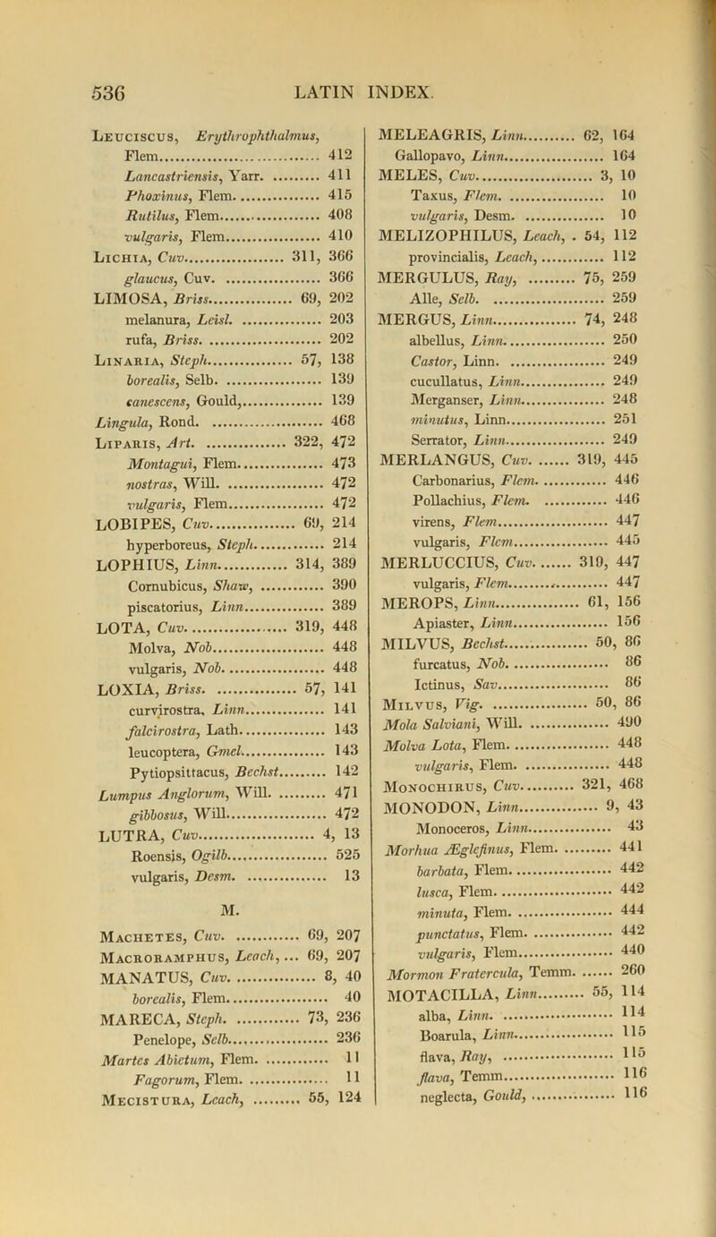 Leuciscus, Erythrophthalmus, Flem 412 Lancastriensis, Yarr 411 Phoxinus, Flem 415 Rulilus, Flem 408 vulgaris, Flem 410 Lichia, Cuv 311, 366 glaucus, Cuv 366 LIMOSA, Briss 69, 202 melanura, Leisl. 203 rufa, Briss, 202 Linaria, Stcph 57, 138 borealis, Selb 139 eanescens, Gould, 139 Lingula, Rond 468 Liparis, Art 322, 472 Montagui, Flem 473 nostras. Will 472 vulgaris, Flem 472 LOBIPES, Cuv 69, 214 hyperboreus, Stcph 214 LOPHIUS, Linn 314, 389 Cornubicus, Share, 390 piscatorius, Linn 389 LOTA, Cuv 319, 448 Molva, Nob 448 vulgaris, Nob 448 LOXIA, Briss 57, 141 curvirostra, Linn 141 falcirostra, Lath 143 leucoptera, Gmcl. 143 Pytiopsittacus, Bechst 142 Lumpus Anglorum, Will 471 gibbosus, Will 472 LUTRA, Cuv 4, 13 Roensis, Ogilb 525 vulgaris, Desm. ... 13 M. Machetes, Cuv 69, 207 Macroramphus, Lcoch,... 69, 207 MANATUS, Cuv 8, 40 borealis, Flem 40 MARECA, Stcph 73, 236 Penelope, Selb 236 Maries Abietum, Flem 11 Fagorum, Flem 11 Mecistura, Leach, 55, 124 MELEAGRIS, Linn 62, 164 Gallopavo, Linn 164 MELES, Cuv 3, 10 Taxus, Flem 10 vulgaris, Desm 10 MELIZOPHILUS, Leach, . 54, 112 provincialis, Leach, 112 MERGULUS, Ray, 75, 259 Alle, Selb 259 MERGUS, Linn 74, 248 albellus, Linn 250 Castor, Linn 249 cucullatus, Linn 249 Merganser, Linn 248 minutus, Linn 251 Serrator, Linn 249 MERLANGUS, Cuv Carbonarius, Flem Pollachius, Flem virens, Flem vulgaris, Flem MERLUCCIUS, Cuv vulgaris, Flem MEROPS, Linn Apiaster, Linn MILVUS, Bechst furcatus, Nob Ictinus, Sav Milvus, Fig. Mola Salviani, Will Molva Lota, Flem vulgaris, Flem Monochirus, Cuv MONODON, Linn Monoceros, Linn Morhua /Eglejinus, Flem. ... barbata, Flem lusca, Flem minuta, Flem punctatus, Flem vulgaris, Flem Mormon Fratercula, Temm. MOTACILLA, Linn alba, Linn Boarula, Linn flava, Ray, flava, Temm neglecta, Gould, 319, 445 446 446 447 445 319, 447 447 . 61, 156 156 ... 50, 86 86 86 ... 50, 86 490 448 448 321, 468 .... 9, 43 43 441 442 442 444 442 440 260 .. 55, 114 114 115 115 116 116