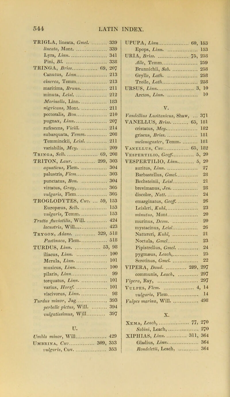 TRIGLA, lineata, Gmel 339 lineata, Mont 339 Lyra, Linn 341 Pini, Bl. 338 TRINGA, Briss 09, 207 Canutus, Linn 213 cinerea, Temm 213 maritima, Brunn 211 minuta, Leisl. 212 Morinella, Linn 183 nigricans, Mont 211 pectoralis, Bon 210 pugnax, Linn 207 rufescens, Vieill. 214 subarquata, Temm 208 Temminckii, Leisl 211 variabilis, Mey 209 Tringa, Sclb 09, 208 TRITON, Laur 299, 303 aquations, Flem 304 palustris, Flem 303 punctatus, Bon 304 vittatus, Gray, 305 vulgaris, Flem 305 TROGLODYTES, Cuv. ... 59, 153 Europaeus, Selb 153 vulgaris, Temm 153 Trutta Jluviatilis, Will 424 lacustris, Will 423 Trygon, Adans 329, 518 Pastinaca, Flem 518 TURDUS, Linn 53, 98 iliacus, Linn 100 Merula, Linn 101 musicus, Linn 100 pilaris, Linn 99 torquatus, Linn 101 varius, Horsf. 101 viscivorus, Linn 98 Turdus minor, Jag 393 perbelle pictus, Will 394 vulgatissimus, Will 397 U. Umbla minor, Will 429 Umbrina, Cuv 309, 353 vulgaris, Cuv 353 UPUPA, Linn 60, 153 Epops, Linn. 153 URIA, Briss 75, 258 Alls, Temm 259 Brunnichii, Sab 258 Grylle, Lath 258 Troile, Lath 258 URSUS, Linn 3, 10 Arctos, Linn 10 V. Vandellius Lusitanicus, Shaw, ... 371 VANELLUS, Briss 65, 181 cristatus, Mey 182 griseus, Briss 181 melanogaster, Temm 181 Vanelius, Cuv 65, 182 Vespertilio, Geoff. 5, 20 VESPERTILIO, Linn 5, 20 auritus, Linn 27 Barbastellus, Gmel. 28 Bechsteinii, Leisl 21 brevimanus, Jen 28 discolor, Natt 24 emarginatus, Geoff. 26 Leisleri, Kuhl 23 minutus, Mont 20 murinus, Dcsm 20 mystacinus, Leisl 26 Nattereri, Kuhl, 21 Noctula, Gmel 23 Pipistrellus, Gmel. 24 pygmsus, Leach, 25 Serotinus, Gmel. 22 YIPERA, Daud. 289, 297 communis, Leach, 297 Vipera, Ray, 297 Vulpes, Flem 4, 14 vulgaris, Flem 14 Vulpes marina, Will 498 X. Xema, Leach, ; 77> 270 Sabini, Leach, 270 XIPHIAS, Linn 311, 364 Gladius, Linn 364 Rondcletii, Leach, 364