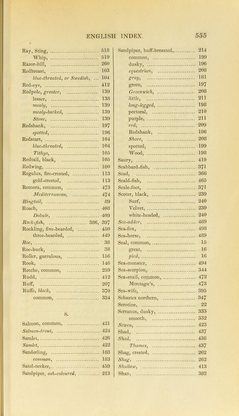 Ray, Sting, Whip, Razor-bill, Redbreast, blue-throated, or Swedish, ... Red-eye, Redpole, greater, lesser, mealy, mealy-backed, Stone, Redshank, spotted, Redstart, blue-throated, Tithys, Redtail, black, Redwing, Regulus, fire-crested, gold-crested, Remora, common, Mediterranean, Ringtail, Roach, Dobule, Rock-Jish, 386, Rockling, five-bearded, three-bearded, Roe, Roe-buck, Roller, garrulous, Rook, Rotche, common, Rudd, Ruff, Ruffe, black, common, S. Salmon, common, Salmon-trout, Samlet, Samlet, Sanderling, common, Sand-necker, Sandpiper, ash-coloured, Sandpiper, buff-breasted, 214 common, 199 dusky, 196 equestrian, 208 gray, 181 green, 197 Greenwich, 208 little, 211 long-legged, 198 pectoral, 210 purple, 211 red, 209 Redshank, 196 Shore, 208 spotted, 199 Wood, 198 Saury, 419 Scabbard-fish, 371 Scad, 366 Scald-fish, 465 Scale-foot, 371 Scoter, black, 239 Surf, 240 Velvet, 239 white-headed, 240 Sea-adder, 489 Sea-fox, . 498 Sea-horse, 489 Seal, common, 15 great, 16 pied, 16 Sea-monster, 494 Sea-scorpion, 344 Sea-snail, common, 472 Montagu’s, 473 Sea-wife, 395 Sebastes northern, 347 Serotine, 22 Serranus, dusky, 333 smooth, 332 Sewen, 423 Shad, 437 Shad, 438 Thames, 437 Shag, crested, 262 Shag, 262 Shallow, 413 Shan, 382 518 519 260 103 104 412 139 138 139 139 139 197 196 104 104 105 105 100 113 113 473 474 89 408 409 397 450 449 38 38 156 146 259 412 207 370 334 421 424 426 422 183 183 459 213