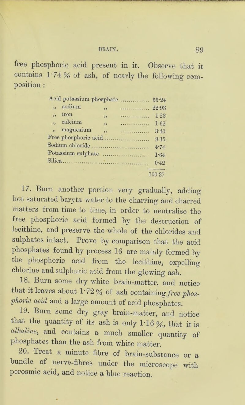 free phosphoric acid present in it. Observe that it contains 1'74 % of ash, of nearly the following com- position : Acid potassium phosphate 55-24 „ sodium „ 22-93 „ iron „ 1-23 „ calcium „ 162 „ magnesium 3-40 Free phosphoric acid Sodium chloride Potassium sulphate ... Silica 100-37 17. Burn another portion very gradually, adding hot saturated baryta water to the charring and charred matters from time to time, in order to neutralise the free phosphoric acid formed by the destruction of lecithine, and preserve the whole of the chlorides and sulphates intact. Prove by comparison that the acid phosphates found by process 16 are mainly formed by the phosphoric acid from the lecithine, expelling chlorine and sulphuric acid from the glowing ash. 18. Burn some dry white brain-matter, and notice that it leaves about 1*72 % of ash containing free phos- phoric acid and a large amount of acid phosphates. 19. Burn some dry gray brain-matter, and notice that the quantity of its ash is only 1*16 %, that it is alkaline, and contains a much smaller quantity of phosphates than the ash from white matter. 20. Treat a minute fibre of brain-substance or a bundle of nerve-fibres under the microscope with perosmic acid, and notice a blue reaction,