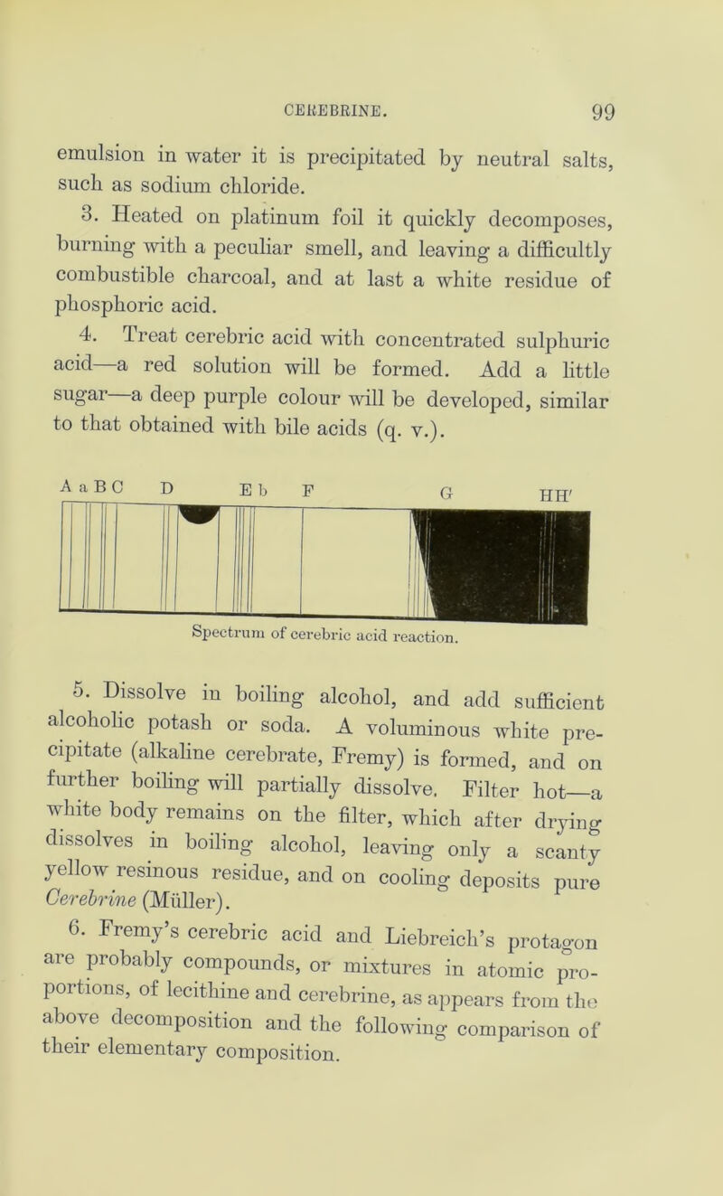 emulsion in water it is precipitated by neutral salts, such as sodium chloride. 3. Heated on platinum foil it quickly decomposes, burning with a peculiar smell, and leaving a difficultly combustible charcoal, and at last a white residue of phosphoric acid. 4. Treat cerebric acid with concentrated sulphuric acid a red solution will be formed. Add a little sugar a deep purple colour will be developed, similar to that obtained with bile acids (q. v.). 5. Dissolve in boiling alcohol, and add sufficient alcoholic potash or soda. A voluminous white pre- cipitate (alkaline cerebrate, Fremy) is formed, and on further boiling will partially dissolve. Filter hot—a white body remains on the filter, which after drying dissolves in boiling alcohol, leaving only a scanty yellow resinous residue, and on cooling deposits pure Gerebrine (Muller). 6. Fremy’s cerebric acid and Liebreicli’s protagon are probably compounds, or mixtures in atomic pro- portions, of lecitbine and cerebrine, as appears from the above decomposition and the following comparison of their elementary composition.