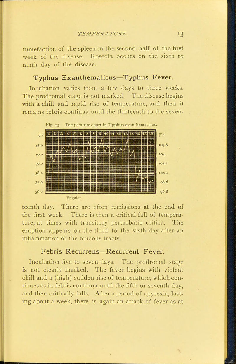 tumefaction of the spleen in the second half of the first week of the disease. Roseola occurs on the sixth to ninth day of the disease. Typhus Exanthematicus—Typhus Fever. Incubation varies from a few days to three weeks. The prodromal stage is not marked. The disease begins with a chill and capid rise of temperature, and then it remains febris continua until the thirteenth to the seven- Fig. 13. Temperature chart in Typhus exanthematicu.s. Eruption. teenth day. There are often remissions at the end of the first week. There is then a critical fall of tempera- ture, at times with transitory perturbatio critica. The eruption appears on the third to the sixth day after an inflammation of the mucous tracts. Febris Recurrens—Recurrent Fever. Incubation five to seven days. The prodromal stage is not clearly marked. The fever begins with violent chill and a (high) sudden rise of temperature, which con- tinues as in febris continua until the fifth or seventh day, and then critically falls. After a period of apyrexia, last- ing about a week, there is again an attack of fever as at