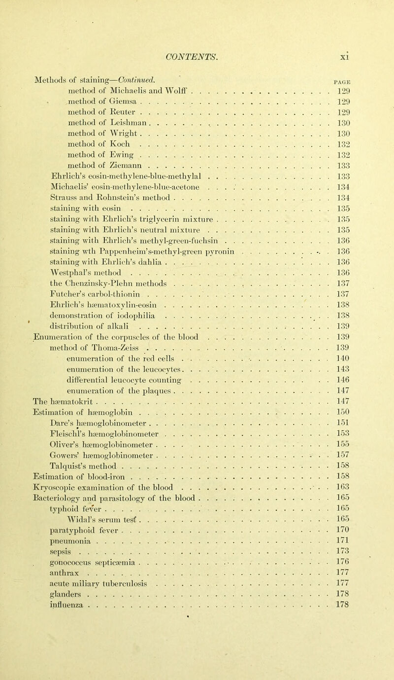 Methods of staining—Continued. page method of Michaelis and Wolff . 129 .method of Giemsa 129 method of Reuter 129 method of Leishman . 130 method of Wright 130 method of Koch 132 method of Ewing .... 132 method of Ziemann 133 Ehrlich’s eosin-methylene-blue-inethylal . 133 Michaelis* eosinmethylene-blue-acetone 134 Strauss and Rohnstein’s method 134 staining with eosin 135 staining with Ehrlich’s triglycerin mixture 135 staining with Ehrlich’s neutral mixture 135 staining with Ehrlich’s methyl-green-fuchsin 136 staining wth Pappenheim’s-methyl-green pyronin . 136 staining with Ehrlich’s dahlia 136 Westphal’s method ._ 136 the Chenzinsky-Plelm methods 137 Fulcher's carbol-thionin 137 Ehrlich’s hfematoxylin-eosin 138 demonstration of iodophilia 138 distribution of alkali 139 Enumeration of the corpuscles of the blood 139 method of Thoma-Zeiss 139 enumeration of the red cells ■ 140 enumeration of the leucocytes 143 differential leucocyte counting 146 enumeration of the plaques 147 The hsematokrit 147 Estimation of liEemoglobin 150 Dare’s hiemoglobinometer 151 Fleischl’s hiemoglobinometer 153 Oliver’s hiemoglobinometer 155 Gowers’ hiemoglobinometer • 157 Talquist’s method 158 Estimation of blood-iron 158 Kryoscopic examination of the blood • 163 Bacteriology and parasitology of the blood 165 typhoid fever 165 Widal’s serum tesf 165 paratyphoid fever 170 pneumonia 171 sepsis 173 gonococcus septicaemia • 176 anthrax 177 acute miliary tuberculosis 177 glanders 178 influenza 178