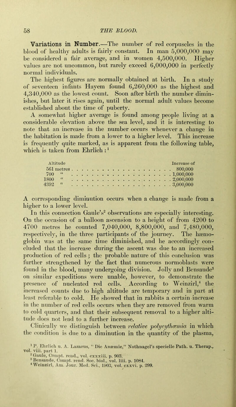 Variations in Number.—The number of red corpuscles in the blood of healthy adults is fairly constant. In man 5,000,000 may be considered a fair average, and in women 4,500,000. Higher values are not uncommon, but rarely exceed 6,000,000 in perfectly normal individuals. The highest figures are normally obtained at birth. In a study of seventeen infants Hayem found 6,260,000 as the highest and 4,340,000 as the lowest count. Soon after birth the number dimin- ishes, but later it rises again, until the normal adult values become established about the time of puberty. A somewhat higher average is found among people living at a considerable elevation above the sea level, and it is interesting to note that an increase in the number occurs whenever a change in the habitation is made from a lower to a higher level. This increase is frequently quite marked, as is apparent from the following table, which is taken from Ehrlich :1 Altitude Increase of 561 metres 700 “ 1800 “ 4392 “ 800,000 1,000,000 2,000,000 3,000,000 A corresponding diminution occurs when a change is made from a higher to a lower level. In this connection Gaule’s2 observations are especially interesting. On the occasion of a balloon ascension to a height of from 4200 to 4700 metres he counted 7,040,000, 8,800,000, and 7,480,000, respectively, in the three participants of the journey. The haemo- globin was at the same time diminished, and he accordingly con- cluded that the increase during the ascent was due to an increased production of red cells ; the probable nature of this conclusion was further strengthened by the fact that numerous normoblasts were found in the blood, many undergoing division. Jolly and Bensaude3 on similar expeditions were unable, however, to demonstrate the presence of nucleated red cells. According to Weinzirl,4 the increased counts due to high altitude are temporary and in part at least referable to cold. He showed that in rabbits a certain increase in the number of red cells occurs when they are removed from warm to cold quarters, and that their subsequent removal to a higher alti- tude does not lead to a further increase. Clinically we distinguish between relative polyeythcemia in which the condition is due to a diminution in the quantity of the plasma, 1 P. Ehrlich u. A. Lazarus, “ Die Ansemie,” Nothnagel’s specielle Path. u. Therap., vol. viii. part 1. 3Gaule, Conipt, reud., vol. exxxiii. p. 903. 3Bensaude, C'ompt. rend. Soc. biol., vol. liii. p. 1084. 4 Weinzirl, Am. Jour. Med. Sci., 1903, vol. cxxvi. p. 299.