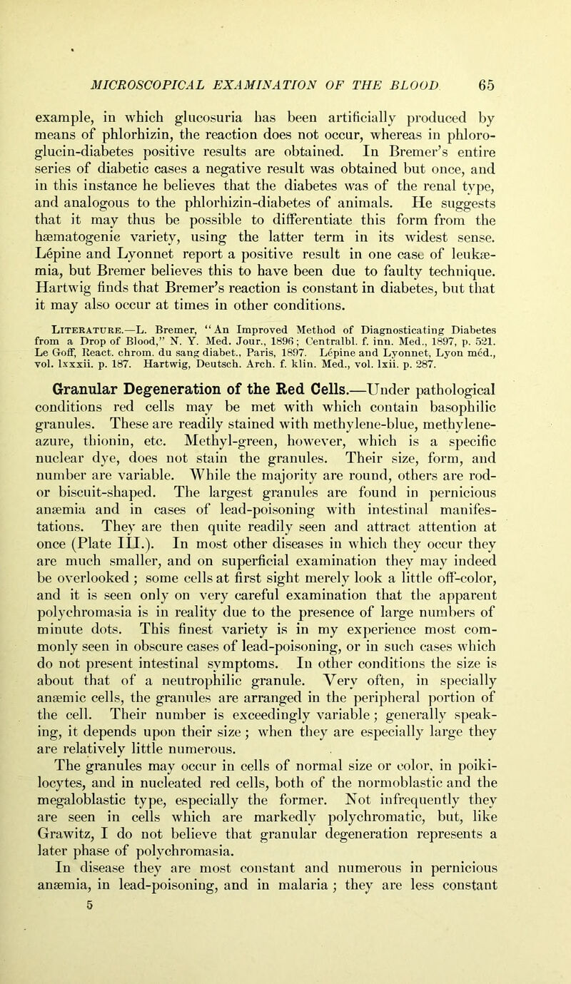 example, in which glucosuria has been artificially produced by means of phlorhizin, the reaction does not occur, whereas in phloro- glucin-diabetes positive results are obtained. In Bremer’s entire series of diabetic cases a negative result was obtained but once, and in this instance he believes that the diabetes was of the renal type, and analogous to the phlorhizin-diabetes of animals. He suggests that it may thus be possible to differentiate this form from the haematogenic variety, using the latter term in its widest sense. Lepine and Lyonnet report a positive result in one case of leukae- mia, but Bremer believes this to have been due to faulty technique. Hartwig finds that Bremer’s reaction is constant in diabetes, but that it may also occur at times in other conditions. Literature.—L. Bremer, “An Improved Method of Diagnosticating Diabetes from a Drop of Blood,” N. Y. Med. Jour., 1896; Centralbl. f. inn. Med., 1897, p. 521. Le Goff, Keact. chrom. du sang diabet., Paris, 1897. Lepine and Lyonnet, Lyon med., vol. lxxxii. p. 187. Hartwig, Deutsch. Arch. f. klin. Med., vol. lxii. p. 287. Granular Degeneration of the Red Cells.—Under pathological conditions red cells may be met with which contain basophilic granules. These are readily stained with methylene-blue, methylene- azure, thionin, etc. Methyl-green, however, which is a specific nuclear dye, does not stain the granules. Their size, form, and number are variable. While the majority are round, others are rod- or biscuit-shaped. The largest granules are found in pernicious anaemia and in cases of lead-poisoning with intestinal manifes- tations. They are then quite readily seen and attract attention at once (Plate III.). In most other diseases in which they occur they are much smaller, and on superficial examination they may indeed be overlooked ; some cells at first sight merely look a little off-color, and it is seen only on very careful examination that the apparent polychromasia is in reality due to the presence of large numbers of minute dots. This finest variety is in my experience most com- monly seen in obscure cases of lead-poisoning, or in such cases w'hich do not present intestinal symptoms. In other conditions the size is about that of a neutrophilic granule. Very often, in specially anaemic cells, the granules are arranged in the peripheral portion of the cell. Their number is exceedingly variable; generally speak- ing, it depends upon their size; when they are especially large they are relatively little numerous. The granules may occur in cells of normal size or color, in poiki- locytes, and in nucleated red cells, both of the normoblastic and the megaloblastic type, especially the former. Not infrequently they are seen in cells which are markedly polychromatic, but, like Grawitz, I do not believe that granular degeneration represents a later phase of polychromasia. In disease they are most constant and numerous in pernicious anaemia, in lead-poisoning, and in malaria ; they are less constant 5