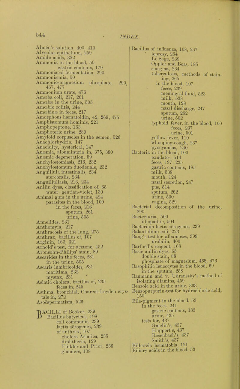 Almc^n's solution, 400, 410 Alveolar fpitlu4ium, 259 Ainido acids, 322 Ammonia in the blood, 60 gastric contents, 179 Ammoniacal fermentation, 290 Ammoniieraia, 50 Ammonio-magnesium phosphate, 290, 467, 477 Ammonium urate, 476 Amoeba coli, 217, 261 Amcebre in the urine, 505 Ama?bic colitis, 244 Amwbinaj in feces, 217 Amorphous hjematoidin, 42, 269, 475 Amphistomum hominis, 221 Amphopeptone, 163 Amphoteric urine, 289 Amyloid corpuscles in the semen, 526 Anachlorliydria, 147 Anacidity, hysterical, 147 Anfemia, albuminuria in, 375, 380 Ansemic degeneration, 59 Anchylostomiasis, 216, 232 Anchylostomum duodenale, 232 Anguillula intestinalis, 234 stercoi'alis, 234 Anguillnliasis, 216, 234 Anilin dyes, classification of, 65 water, gentian-violet, 130 Animal gum in the urine, 424 parasites in the blood, 100 in the feces, 216 sputum, 261 urine, 505 Annelides, 281 Anthomyia, 217 Anthracosis of the lung, 275 Anthrax, bacillus of, 107 Arginin, 163, 321 Arnold's test, for acetone, 452 Aronsohn-Philips' stain, 89 Ascarides in the feces, 231 in the urine, 505 Ascaris lurabricoides, 231 maritima, 232 mystax, 231 Asiatic cholera, bacillus of, 235 feces in, 245 Asthma, bronchial, Charcot-Leyden crys- tals in, 272 Azoospermatism, 526 BACILLI of Booker, 239 Bacillus butyricus, 198 coli communis, 239 lactis aerogenes, 239 of anthrax, 107 cholera Asiatica, 235 diphtheria, 129 Finkler and Prior, 236 glanders, 108 Bacillus of influenza, 108, 267 ' leprosy, 264 Le Sage, 239 Oppler and Boas, 185 smegma, 264 tuberculosis, methods of stain- ing, 265 in the blood, 107 feces, 239 meningeal fluid, 623 milk, 538 mouth, 128 nasal discharge, 247 sputum, 262 urine, 502 typhoid fever, in the blood, 100 feces, 237 urine, 501 yellow fever, 110 whooping-cough, 267 pyocyaneus, 240 Bacteria in the blood, 100 exudates, 514 feces, 197, 235 gastric contents, 185 milk, 538 mouth, 124 nasal secretion, 247 pus, 514 sputum, 262 urine, 500 vagina, 529 Bacterial decomposition of the urine, 290 _ Bacteriuria, 500 idiopathic, 504 Bacterium lactis aerogenes, 239 Balantidium coli, 223 Bang's test for albumoses, 399 urobilin, 400 Barfoed's reagent, 168 Basic anilin dyes, 65 double stain, 88 phosphate of magnesium, 468, 476 Basophilic leucocytes in the blood, 69 in the sputum, 258 Baumann and v. Udranszky's method of isolating diamins, 459 Benzoic acid in the urine, 363 Benzopurpnrin-test for hydrochloric acid, 150 Bile-pigment in the blood, 53 in the feces, 241 gastric contents, 183 urine, 435 tests for, 437 Gmelin's, 437 fluppert's, 437 Kosenbach's, 437 Smith's, 437 Bilharzia hrematobia, 121 Biliary acids in the blood, 63