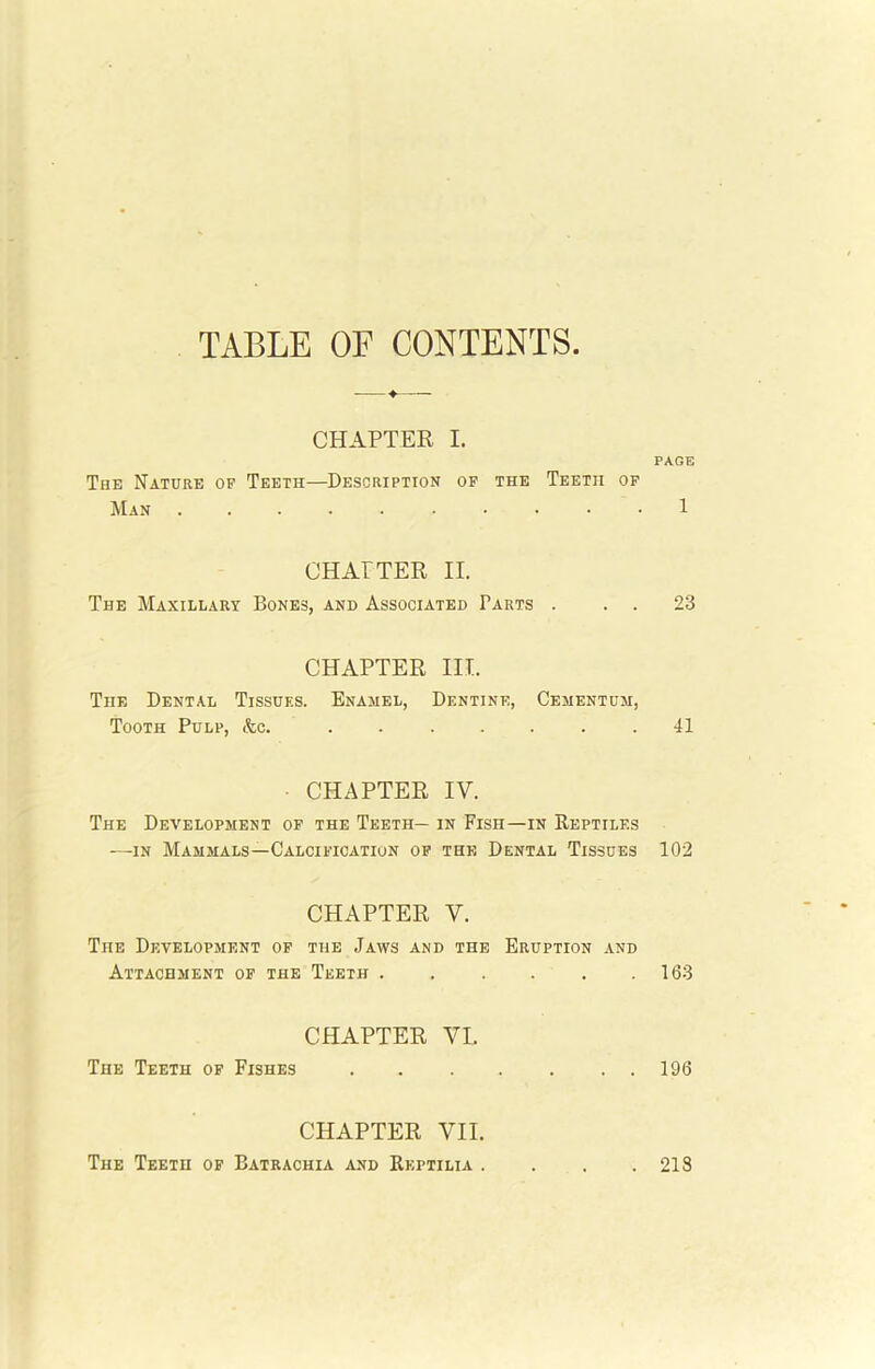 TABLE OF CONTENTS CHAPTER I. The Nature op Teeth—Description op the Teeth of Man .......... CHAPTER II. The Maxillary Bones, and Associated Parts . CHAPTER III. The Dental Tissues. Enamel, Dentine, Cementum, Tooth Pulp, &c. . • CHAPTER IV. The Development of the Teeth— in Fisn—in Reptiles —in Mammals—Calcification of the Dental Tissues CHAPTER Y. The Development of the Jaws and the Eruption and Attachment of the Teeth ...... CHAPTER YI. The Teeth of Fishes . . . . . . CHAPTER VII. The Teeth of Batrachia and Reptilia . . . . PAGE 1 23 41 102 163 196 213