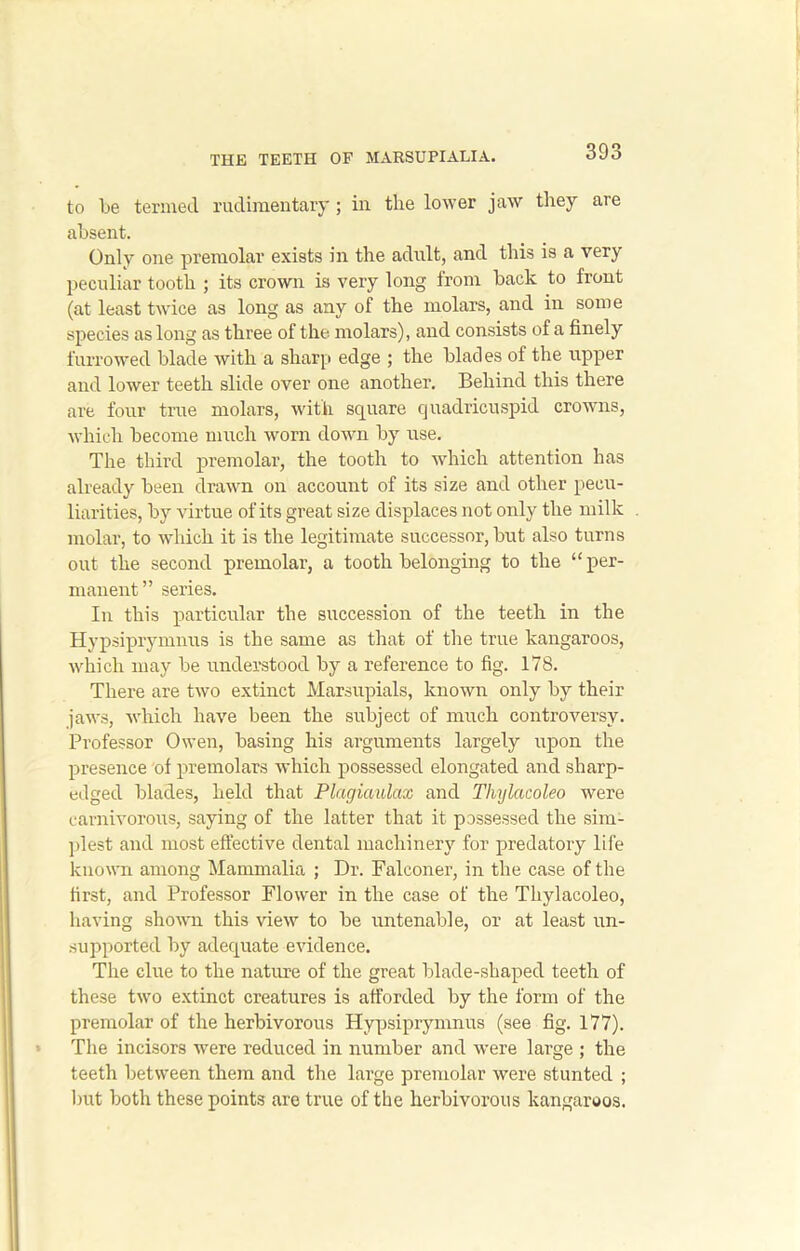 to be termed rudimentary; in the lower jaw they are absent. Only one premolar exists in the adult, and this is a very peculiar tooth ; its crown is very long from back to front (at least twice as long as any of the molars, and in some species as long as three of the molars), and consists of a finely furrowed blade with a sharp edge ; the blades of the upper and lower teeth slide over one another. Behind this there are four true molars, with square cjuadricuspid crowns, which become much worn down by use. The third premolar, the tooth to which attention has already been drawn on account of its size and other pecu- liarities, by virtue of its great size displaces not only the milk molar, to which it is the legitimate successor, but also turns out the second premolar, a tooth belonging to the “per- manent” series. In this particular the succession of the teeth in the Hypsiprymnus is the same as that of the true kangaroos, which may be understood by a reference to fig. 178. There are two extinct Marsupials, known only by their jaws, which have been the subject of much controversy. Professor Owen, basing his arguments largely upon the presence of premolars which possessed elongated and sharp- edged blades, held that Plagiaulax and Thylacoleo were carnivorous, saying of the latter that it possessed the sim- plest and most effective dental machinery for predatory life known among Mammalia ; Dr. Falconer, in the case of the first, and Professor Flower in the case of the Thylacoleo, having shown this view to be untenable, or at least un- supported by adequate evidence. The clue to the nature of the great blade-shaped teeth of these two extinct creatures is afforded by the form of the premolar of the herbivorous Hypsiprymnus (see fig. 177). The incisors were reduced in number and were large ; the teeth between them and the large premolar were stunted ; but both these points are true of the herbivorous kangaroos.