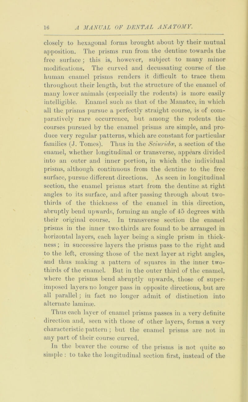 closely to hexagonal forms brought about by their mutual apposition. The prisms run from the dentine towards the free surface; this is, however, subject to many minor modifications. The curved and decussating course of the human enamel prisms renders it difficult to trace them throughout their length, but the structure of the enamel of many lower animals (especially the rodents) is more easily intelligible. Enamel such as that of the Manatee, in which all the prisms pursue a perfectly straight course, is of com- paratively rare occurrence, but among the rodents the courses pursued by the enamel prisms are simple, and pro- duce very regular patterns, which are constant for particular families (J. Tomes). Thus in the Sciuridce, a section of the enamel, whether longitudinal or transverse, appears divided into an outer and inner portion, in which the individual prisms, although continuous from the dentine to the free surface, pursue different directions. As seen in longitudinal section, the enamel prisms start from the dentine at right angles to its surface, and after passing through about two- thirds of the thickness of the enamel in this direction, abruptly bend upwards, forming an angle of 45 degrees with their original course. In transverse section the enamel prisms in the inner two-thirds are found to be arranged in horizontal layers, each layer being a single prism in thick- ness ; in successive layers the prisms pass to the right and to the left, crossing those of the next layer at right angles, and thus making a pattern of squares in the inner two- thirds of the enamel. But in the outer third of the enamel, where the prisms bend abruptly upwards, those of super- imposed layers no longer pass in opposite directions, but are all parallel; in fact no longer admit of distinction into alternate laminae. Thus each layer of enamel prisms passes in a very definite direction and, seen with those of other layers, forms a very characteristic pattern ; but the enamel prisms are not in any part of their course curved. In the beaver the course of the prisms is not quite so simple : to take the longitudinal section first, instead of the
