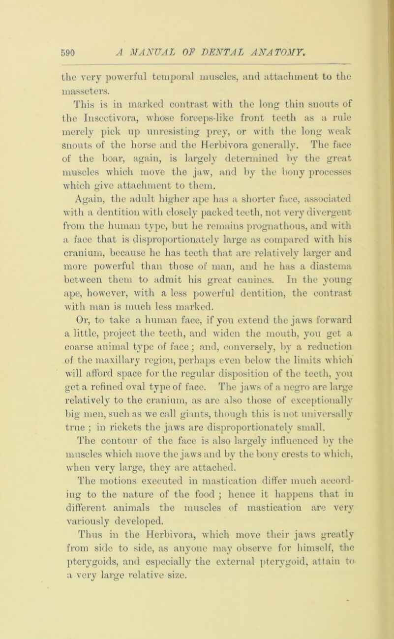 the very powerful temporal muscles, and attachment to the masseters. This is in marked contrast with the long thin snouts of the Inseetivora, whose forceps-like front teeth as a rule merely pick up unresisting prey, or with the long weak snouts of the horse and the Herbivora generally. The face of the boar, again, is largely determined by the great muscles which move the jaw, and by the bony processes which give attachment to them. Again, the adult higher ape has a shorter face, associated with a dentition with closely packed teeth, not very divergent from the human type, but lie remains prognathous, and with a face that is disproportionately large as compared with his cranium, because he has teeth that are relatively larger and more powerful than those of man, and he has a diastema between them to admit his great canines. In the young ape, however, with a less powerful dentition, the contrast with man is much less marked. Or, to take a human face, if you extend the jaws forward a little, project the teeth, and widen the mouth, you get a coarse animal type of face; and, conversely, by a reduction of the maxillary region, perhaps even below the limits which will afford space for the regular disposition of the teeth, you get a refined oval type of face. The jaws of a negro are large relatively to the cranium, as are also those of exceptionally big men, such as we call giants, though this is not universally true ; in rickets the jaws are disproportionately small. The contour of the face is also largely influenced by the muscles which move the jaws and by the bony crests to which, when very large, they are attached. The motions executed in mastication differ much accord- ing to the nature of the food ; hence it happens that in different animals the muscles of mastication are very variously developed. Thus in the Herbivora, which move their jaws greatly from side to side, as anyone may observe for himself, the pterygoids, and especially the external pterygoid, attain to a very large relative size.
