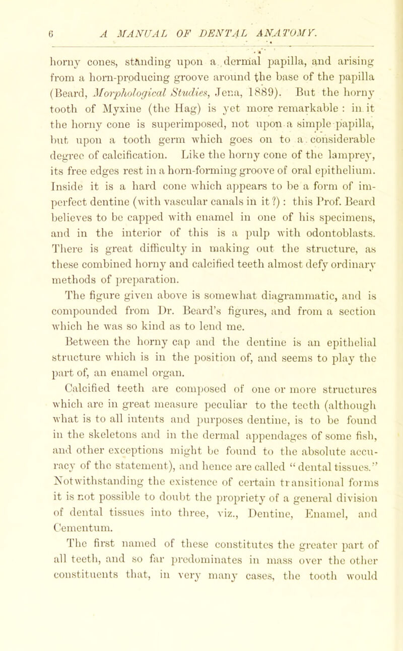 horny cones, stfinding upon a dermal papilla, and arising from a horn-producing groove around the base of the papilla (Beard, Morphological Studies, Jena, 1889). But the horny tooth of Myxine (the Hag) is yet more remarkable : in it the horny cone is superimposed, not upon a simple papilla, but upon a tooth germ which goes on to a. considerable degree of calcification. LilvC the horny cone of the larapi'ey, its free edges rest in a horn-forming groove of oral epithelium. Inside it is a hard cone which ajjpears to be a form of im- perfect dentine (with vascular canals in it 1): this Prof. Beard believes to be capped with enamel in one of his specimens, and in the interior of this is a pulp with odontoblasts. There is great difficulty in making out the structure, as these combined horny and calcified teeth almost defy ordinary methods of preparation. The figure given above is somewhat diagrammatic, and is compounded from Dr. Beard's figures, and from a section which he was so kind as to lend me. Between the liorny cap and the dentine is an epithelial structure which is in the position of, and seems to play the part of, an enamel organ. Calcified teeth are composed of one or more structures which arc in great measure peculiar to the teeth (although what is to all intents and purposes dentine, is to be found in the skeletons and in the dermal appendages of some fish, and other exceptions might be found to the absolute accu- racy of the statement), and hence are called  dental tissues. Notwithstanding the existence of certain transitional forms it is not possible to doubt the propriety of a general division of dental tissues into three, viz., Dentine, Enamel, and C-emcntum. The first named of these constitutes the greater part of all teeth, and so fiir predominates in mass over the otiier constituents that, in very many cases, the tooth would