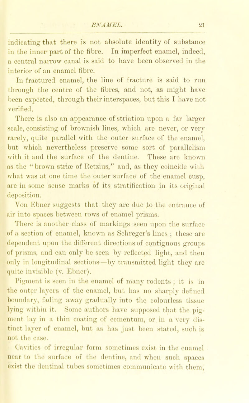 indicating that there is not absolute identity of substance in the inner part of the fibre. In imperfect enamel, indeed, a central narrow canal is said to have been observed in the intei'ior of an enamel fibre. In fractured enamel, the line of fracture is said to run tlirougli the centre of the fibres, and not, as might have been expected, through their interspaces, but this I have not verified. There is also an appearance of striation upon a far larger scale, consisting of brownish lines, which are never, or ver}- rarely, quite parallel with the outer surface of the enamel, but which nevertheless preserve some sort of parallelism with it and the surface of the dentine. These are known as the brown striaj of Retzius, and, as they coincide with what was at one time tlie outer surface of the enamel cusp, are in some sense marlvs of its stratification in its original deposition. ^'on Ebner suggests that they are due to tlic entrance of air into spaces between rows of enamel prisms. There is another class of markings seen upon the surface of a section of enamel, known as Schreger's lines ; these are dependent upon the different directions of contiguous groups of prisms, and can only 1)0 seen by reflected light, and then only in longitudinal sections—by transmitted liglit they are ([uite invisible (v. Ebner). Pigment is seen in the enamel of many rodents ; it is in tlie outer layers of the enamel, but has no shar|)ly defined bf)undary, fading away gradmiUy into the colourless tissue lying within it. Some authors have supposed that the pig- ment lay ill a thin coating of cementum, or in a very dis- tinct layer of enamel, but as has just been stated, such is not the case. Cavities of irregular form sometimes exist in the enamel near to the surface of the dentine, and when such spaces exist the dentinal tubes sometimes communicate witli them.