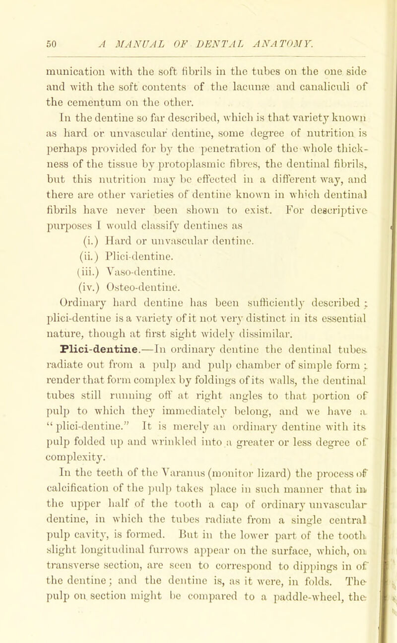 munication with the soft fibrils in the tubes on the one side and with the soft contents of the lacuna) and canaliculi of the cementum on the other. In the dentine so far described, which is that variety known as hard or unvascular dentine, some degree of nutrition is l^erhaps provided for by the penetration of the whole thick- ness of the tissue by protoplasmic fibres, the dentinal fibrils, but this nutrition may be effected in a different way, and there are other varieties of dentine known in which dentinal fibrils have never been shown to exist. For descriptive purposes I would classify dentines as (i.) Hard or unvascular dentine, (ii.) Plici-dentine. (iii.) Vaso-dentine. (iv.) Osteo-dentinc. Ordinary hard dentine has been sufficiently described ; plici-dentine is a variety of it not very distinct in its essential nature, though at first sight widely dissimilar. Plici-dentine.—In ordinar}^ dentine the dentinal tube.s. radiate out from a pulp and pulp chamber of simple form :, render that form complex by foldings of its walls, the dentinal tubes still running oft' at right angles to that portion of pulp to whicli they immediately belong, and we have a  plici-dentine. It is merel3^ an ordinary' dentine with its pulp folded up and wrinkled into a greater or less degree of complexity. In the teeth of the Varanus (monitor lizard) the process of calcification of the ])ul]) takes place in such manner that iia. the upper half of the tooth a cap of ordinary unvascular dentine, in which the tubes radiate from a single central pulp cavity, is formed. But in the lower part of the tooth, .slight longitudinal furrows appear on the surface, which, om transverse section, are seen to correspond to dippings in of the dentine; and the dentine is, as it were, in folds. The- pulp on section niiglit be compared to a paddle-wheel, the-