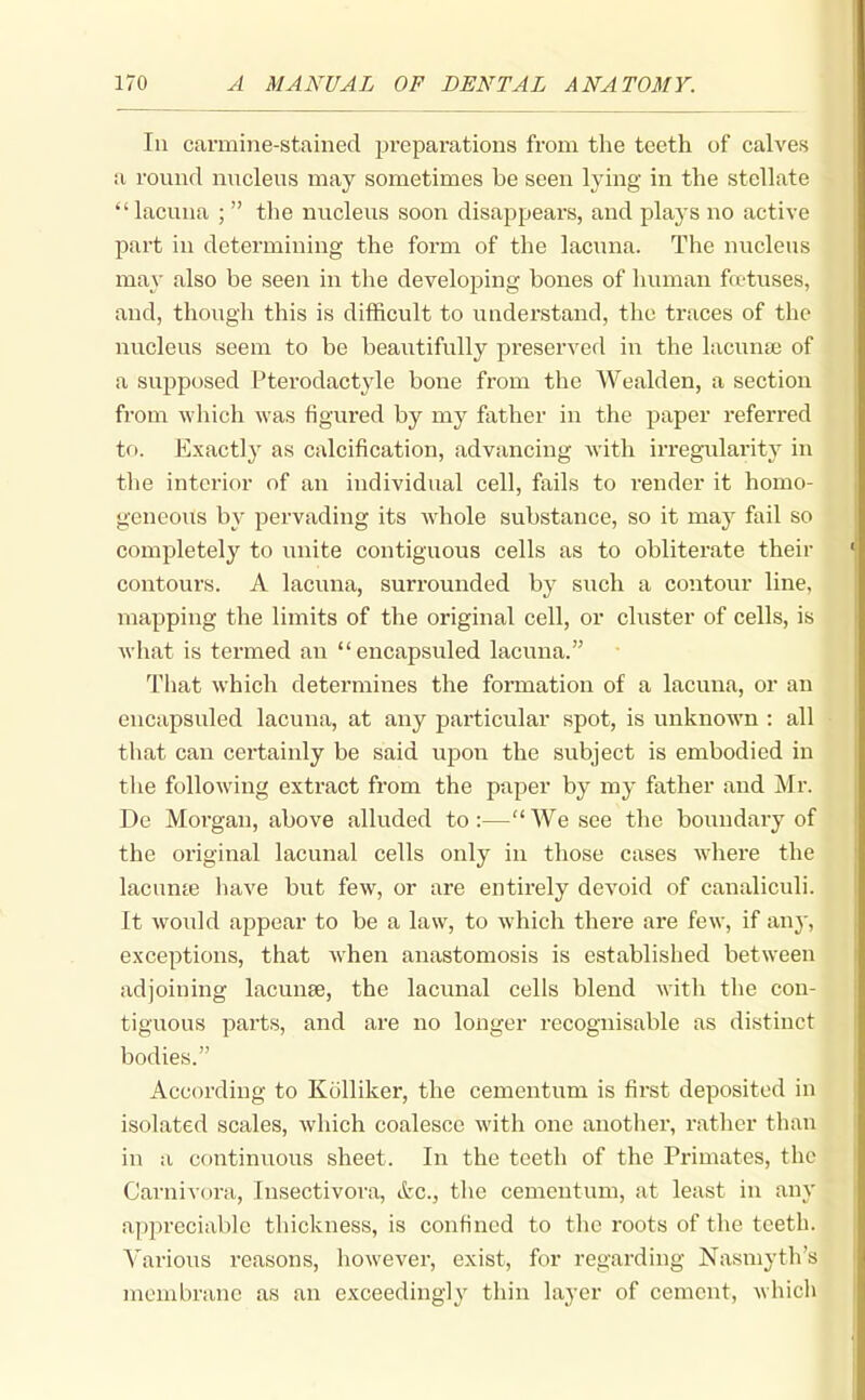 In cai'mine-stained preparations from the teeth of calves a round nucleus may sometimes be seen lying in the stellate lacuna ;  the nucleus soon disappears, and plays no active part in determining the form of the laciuia. The nucleus ma}- also be seen in the developing bones of human foetuses, and, though this is difficult to understand, the traces of the nucleus seem to be beautifully presei'ved in the lacunae of a supposed Ptevodactyle bone from the Wealden, a section from which was figured by mj father in the paper referred tf». Exactly as calcification, advancing with irregularity in tlie interior of an individual cell, fails to render it homo- geneous by pervading its whole substance, so it may fail so completely to unite contiguous cells as to obliterate their contours. A lacuna, surrounded by such a contour line, mapping the limits of the original cell, or cluster of cells, is Avhat is termed an encapsuled lacuna. That which determines the formation of a lacuna, or an encapsuled lacuna, at any particular spot, is unknown : all that can certainly be said upon the subject is embodied in the following extract from the paper by my father and Mr. De Moi'gan, above alluded to:—We see the boundary of the original lacunal cells only in those cases w^here the lacnnte have but few, or are entirely devoid of canaliculi. It would appear to be a law, to which there are few, if any, exceptions, that when anastomosis is established between adjoining lacunae, the lacunal cells blend with the con- tiguous parts, and are no longer recognisable as distinct bodies. According to Kcilliker, the cementum is first deposited in isolated scales, which coalesce with one another, rather than in a continuous sheet. In the teeth of the Primates, the CarniA'ora, Insectivoi'a, &c., the cementum, at least in any appreciable thickness, is confined to the roots of the teeth. Various reasons, however, exist, for regarding Nasniyth's membrane as an exceedingly thin layer of cement, which