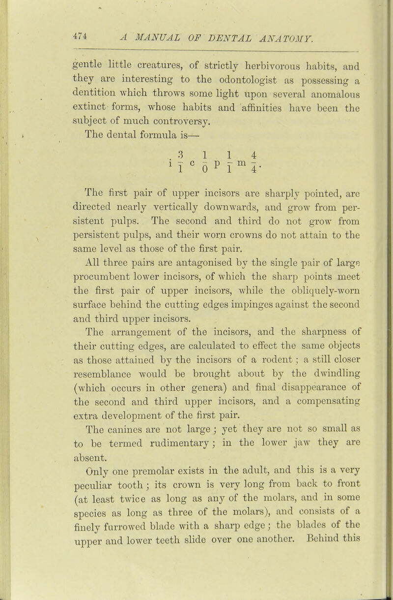 gentle little creatures, of strictly herbivorous habits, and they are interesting to the odontologist as possessing a dentition which throws some light upon several anomalous extinct forms, whose habits and affinities have been the subject of much controversy. The dental formula is— 3 114 ii«0 p r^i- The first j)air of upper incisors are sharply pointed, are directed nearly vertically downwards, and grow from per- sistent pulps. The second and thii'd do not grow from persistent pulps, and their worn crowns do not attain to the same level as those of the first pair. All three pairs are antagonised by the single pair of large procumbent lower incisors, of which the sharj) points meet the first pair of upper incisors, while the obliquely-worn surface behind the cutting edges impinges against the second and third upper incisors. The arrangement of the incisors, and the sharpness of their cutting edges, are calculated to effect the same objects as those attained by the incisors of a rodent; a still closer resemblance would be brought about by the dwindling (which occurs in other genera) and final disappearance of the second and third upper incisors, and a compensating extra development of the first pair. The canines are not large; yet they are not so small as to be termed rudimentary; in the lower jaw they are absent. Only one premolar exists in the adult, and this is a very peculiar tooth; its crown is very long from back to front (at least twice as long as any of the molars, and in some species as long as three of the molars), and consists of a finely furrowed blade with a sharp edge; the blades of the upper and lower teeth slide over one another. Behind this