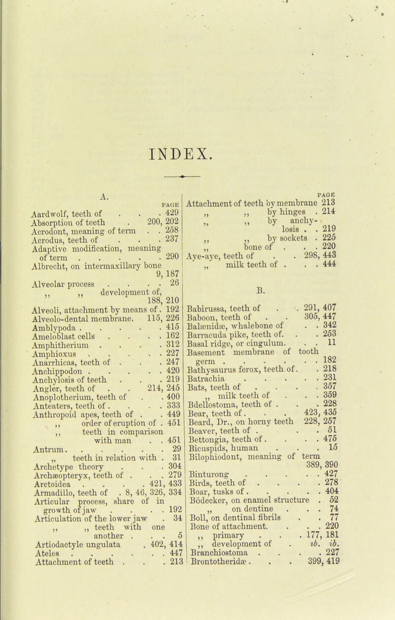 INDEX. PAGE Aardwolf, teeth of . . • 429 Absorptiou of teeth . 200, 202 Acrodont, meaning of tenn . . 258 Acrodus, teeth of . . _ . 237 Adaptive modification, meaning of term 290 Albrecht, on intermaxillary bone I 9, 187 j Alveolar process . . . . 26 ,, development of, 188, 210 Alveoli, attachment by means of. 192 Alvcolo-dental membrane. 115, 226 Amblypoda 415 Ameloblast cells . . . . 162 Amphitherium . . . .312 Amphioxus 227 Anarrhicas, teeth of . . . 247 Anchippodon 420 Anchylosis of teeth . . . 219 Angler, teeth of . . 214, 245 Anoplotherium, teeth of . . 400 Anteaters, teeth of . . . . 333 Anthropoid apes, teeth of . . 449 ,, order of eruption of . 451 ,, teeth in comparison with man . .451 Antrum 29 „ teeth in relation with . 31 Archetype theory . . . 304 Archaeopteryx, teeth of . . . 279 Arctoidea . . . .421, 433 Armadillo, teeth of . 8, 46, 326, 334 Articular process, share of in growth of jaw . . . . 192 Articulation of the lower jaw .34 „ „ teeth with one another . . . 5 Artiodactyle ungulata . 402, 414 Ateles 447 Attachment of teeth . . . 213 PAGE Attachment of teeth by membrane 213 „ „ by hmges . 214 ,, by anchy- ^ losis . . 219 ,, ,, by sockets . 225 l)one of . . . 220 Ave-aye, teeth of . . 298,443 ,. milk teeth of . . . 444 B. Babirussa, teeth of . . 291, 407 Baboon, teeth of . . 305,447 Balajnidse, whalebone of . . 342 Barracuda pike, teeth of. . . 263 Basal ridge, or cingulum. . . 11 Basement membrane of tooth germ 182 Bathysaurus ferox, teeth, of. . 218 Batrachia 231 Bats, teeth of . . . .357 „ milktee^hof . . . 359 Bdellostoma, teeth of . . . 228 Bear, teeth of. • . 423, 436 Beard, Dr., on horny teeth 228, 267 Beaver, teeth of . . .61 Bettongia, teeth of. . . . 476 Bicuspids, human . . , 16 Bilophiodont, meaniag of term 389, 390 Binturong 427 Birds, teeth of ... . 278 Boar, tusks of 404 Bodecker, on enamel stmcture . 52 „ on dentine . . . 74 Boll, on dentinal fibrils . . 77 Bone of attachment. . . . 220 ,, primary . . . 177, 181 ,, development of . id. ib. Branchiostoma .... 227 Brontotherida?. . . 399,419