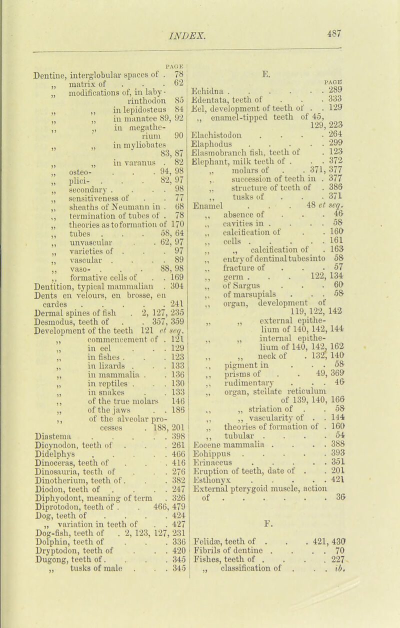 Dentine, interglobulai- spaces of . 78 „ matrix of . . .62 „ modifications of, in laby - rinthoclon 85 in lepidosteus 84 „ „ in manatee 89, 92 ,, ,, in megathe- riuiu 90 in myliobates 83,87 „ „ in varanus . 82 , osteo- . . .94, 98 „ plici- . . . 82,97 „ secondary . . . . 98 „ sensitiveness of . . 77 ,, sheaths of Nenmanri in . U8 ,, termination of tubes of . 78 „ theories as to formation of 170 ,, tubes ... 58, 64 „ unvascular . 62, 97 „ varieties of . . .97 ., vascular . . . . 89 ■„ vaso- . . . 88,98 ,, formative cells of . . 169 Dentition, typical mammalian . 304 Dents en velours, en brosse, eii cardes 241 Dermal spines of fish . 2,127,235 Desmodus, teeth of . . 357, 359 Development of the teeth 121 ct seq. „ commencement of . 121 „ in eel ... 129 in fishes . . .123 „ in lizards . . . 133 „ in mammalia . . 136 „ in reptiles . . . 130 „ in snakes . . 133 ,, of the true molars 146 „ of the jaws . . 186 ,, of the alveolar pro- cesses . 188, 201 Diastema 398 Dicynodon, teeth of . . .261 Didelphys 466 Dinoceras, teeth of . . . 416 Dinosauria, teeth of . . . 276 Dinotherium, teeth of. . . 382 Diodon, teeth of . . . . 247 Diphyodont, meaning of term . 326 Diprotodon, teeth of . . 466, 479 Dog, teeth of ... . 424 „ variation in teeth of . . 427 Dog-fish, teeth of . 2, 123, 127, 231 Dolphin, teeth of . . . 336 Dryptodon, teeth of . . . 420 Dugong, teeth of. . . . 345 ,, tusks of male . . . 345 PAGE Echidna 289 Edentata, teeth of . . • 333 Eel, development of teeth of . . 129 ,, enamel-tipped teeth of 45, 129,223 Elachistodon .... 264 Elaphodus 299 Ehismobranch fish, teeth of . 123 Elephant, milk teeth of . . . 372 „ molars of . . 371, 377 ,. succession of teeth in . 377 „ structure of teeth of . 386 ,, tusks of . . . 371 Enamel ... 48 et scq. ,, absence of . . .46 ,, cavities m . . . . 58 „ calcification of . . 160 cells 161 „ calcification of . 163 ,, entry of dentinal tubes into 5& fracture of . . • 67 „ germ . . . 122, 134 „ of Sargus . . .60 ,, of marsupials . ..58' organ, development of 119, 122, 142 , external epithe- lium of 140, 142,144 „ internal epithe- lium of 140, 142, 162 „ neck of . 132, 140 ., pigment in . . . 58 „ prisms of . . 49,369 ,, rudimentary . . . 46 ,, organ, stellate reticulum of 139, 140, 166 ,, „ striation of . .58 ,, vascularity of . . 144 „ theories of formation of . 160 ,, tubular . . . .54 Eocene mamnralia . . . . 388 Eohippus 393 Erinaceus 351 Eruption of teeth, date of . .201 Estlionyx . . . . . 421 External pterygoid muscle, action of 36 Felidaj, teeth of . Fibrils of dentine . Fishes, teeth of , ,, classification of 421, 43a . . 70 . 227 . , ib.