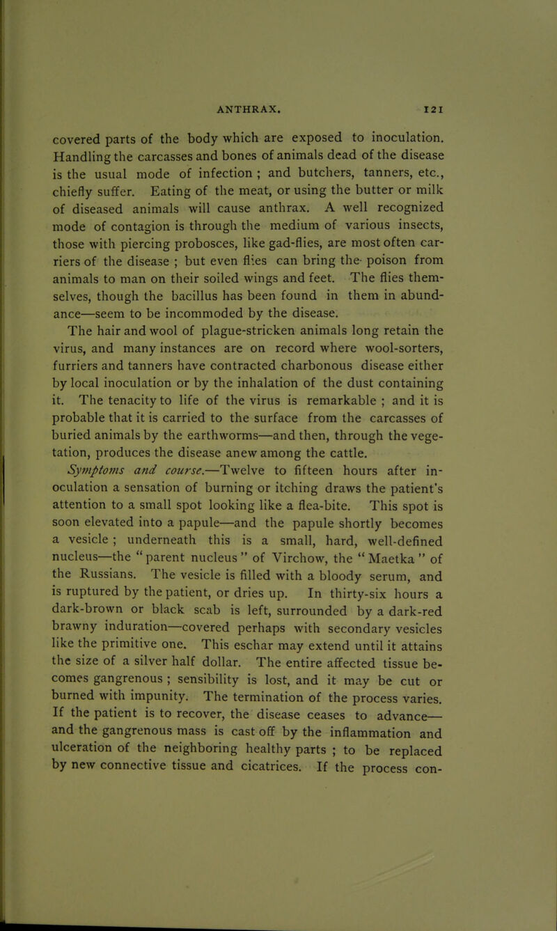 covered parts of the body which are exposed to inoculation. Handling the carcasses and bones of animals dead of the disease is the usual mode of infection ; and butchers, tanners, etc., chiefly suffer. Eating of the meat, or using the butter or milk of diseased animals will cause anthrax. A well recognized mode of contagion is through the medium of various insects, those with piercing probosces, like gad-flies, are most often car- riers of the disease ; but even flies can bring the- poison from animals to man on their soiled wings and feet. The flies them- selves, though the bacillus has been found in them in abund- ance—seem to be incommoded by the disease. The hair and wool of plague-stricken animals long retain the virus, and many instances are on record where wool-sorters, furriers and tanners have contracted charbonous disease either by local inoculation or by the inhalation of the dust containing it. The tenacity to life of the virus is remarkable ; and it is probable that it is carried to the surface from the carcasses of buried animals by the earthworms—and then, through the vege- tation, produces the disease anew among the cattle. Symptoms and course.—Twelve to fifteen hours after in- oculation a sensation of burning or itching draws the patient's attention to a small spot looking like a flea-bite. This spot is soon elevated into a papule—and the papule shortly becomes a vesicle ; underneath this is a small, hard, well-defined nucleus—the parent nucleus of Virchow, the Maetka of the Russians. The vesicle is filled with a bloody serum, and is ruptured by the patient, or dries up. In thirty-six hours a dark-brown or black scab is left, surrounded by a dark-red brawny induration—covered perhaps with secondary vesicles like the primitive one. This eschar may extend until it attains the size of a silver half dollar. The entire affected tissue be- comes gangrenous ; sensibility is lost, and it may be cut or burned with impunity. The termination of the process varies. If the patient is to recover, the disease ceases to advance— and the gangrenous mass is cast off by the inflammation and ulceration of the neighboring healthy parts ; to be replaced by new connective tissue and cicatrices. If the process con-