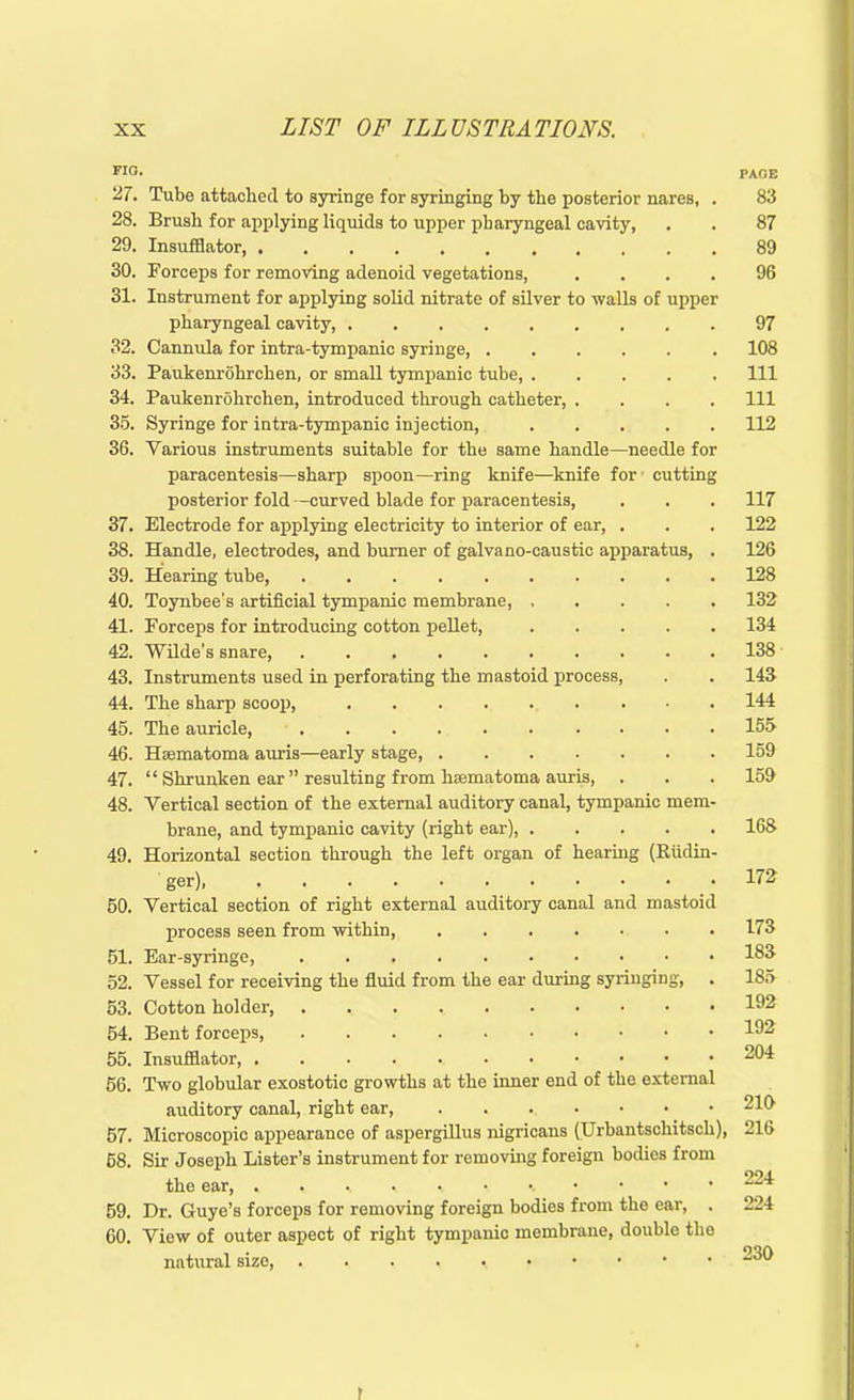 no- PACE 27. Tube attached, to syringe for syringing by the posterior nares, . 83 28. Brush for applying liquids to upper pharyngeal cavity, . . 87 29. Insufflator, 89 30. Forceps for removing adenoid vegetations, .... 96 31. Instrument for applying solid nitrate of silver to walls of upper pharyngeal cavity, 97 32. Cannula for intra-tympanic syringe, 108 33. Paukenrohrchen, or small tympanic tube, Ill 34. Paukenrohrchen, introduced through catheter Ill 36. Syringe for intra-tympanic injection, 112 36. Various instruments suitable for the same handle—needle for paracentesis—sharp spoon—ring knife—knife for cutting posterior fold -curved blade for paracentesis, . . . 117 37. Electrode for applying electricity to interior of ear, . . . 122 38. Handle, electrodes, and burner of galvano-caustic apparatus, . 126 39. Hearing tube, 128 40. Toynbee's artificial tympanic membrane, 132 41. Forceps for introducing cotton pellet, 134 42. Wilde's snare, 138 43. Instruments used in perforating the mastoid process, . . 143 44. The sharp scoop, 144 45. The auricle, 155 46. Hsematoma auris—early stage, 159 47. “ Shrunken ear ” resulting from hsematoma auris, . . . 159 48. Vertical section of the external auditory canal, tympanic mem- brane, and tympanic cavity (right ear) 168 49. Horizontal section through the left organ of hearing (Kiidin- ger), 172 50. Vertical section of right external auditory canal and mastoid process seen from within, 173 51. Ear-syringe, 185 52. Vessel for receiving the fluid from the ear during syringing, . 185 53. Cotton holder, 192 54. Bent forceps, 192 55. Insufflator 204 56. Two globular exostotic growths at the inner end of the external auditory canal, right ear 210 57. Microscopic appearance of aspergillus nigricans (Urbantschitsch), 216 68. Sir Joseph Lister’s instrument for removing foreign bodies from the ear, .....••••••• 224 59. Dr. Guye’s forceps for removing foreign bodies from the ear, . 224 60. View of outer aspect of right tympanic membrane, double the natural size, 230 r