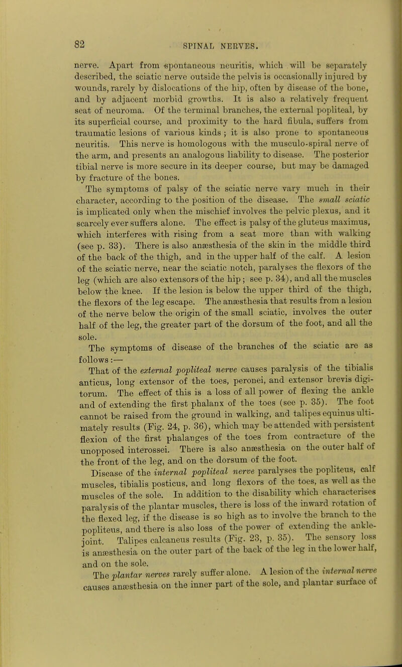 nerve. Apart from spontaneous neuritis, which will be separately described, the sciatic nerve outside the pelvis is occasionally injured by wounds, rarely by dislocations of the hip, often by disease of the bone, and by adjacent morbid growths. It is also a relatively frequent seat of neuroma. Of the terminal branches, the external popliteal, by its superficial course, and proximity to the hard fibula, suffers from traumatic lesions of various kinds ; it is also prone to spontaneous neuritis. This nerve is homologous with the musculo-spiral nerve of the arm, and presents an analogous liability to disease. The posterior tibial nerve is more secure in its deeper course, but may be damaged by fracture of the bones. The symptoms of palsy of the sciatic nerve vary much in their character, according to the position of the disease. The small sciatic is implicated only when the mischief involves the pelvic plexus, and it scarcely ever suffers alone. The effect is palsy of the gluteus maximus, which interferes with rising from a seat more than with walking (see p. 33). There is also anaesthesia of the skin in the middle third of the back of the thigh, and in the upper half of the calf. A lesion of the sciatic nerve, near the sciatic notch, paralyses the flexors of the leg (which are also extensors of the hip; see p. 34), and all the muscles below the knee. If the lesion is below the upper third of the thigh, the flexors of the leg escape. The anaesthesia that results from a lesion of the nerve below the origin of the small sciatic, involves the outer half of the leg, the greater part of the dorsum of the foot, and all the sole. The symptoms of disease of the branches of the sciatic are as follows:— That of the external popliteal nerve causes paralysis of the tibialis anticus, long extensor of the toes, peronei, and extensor brevis digi- torum. The effect of this is a loss of all power of flexing the ankle and of extending the first phalanx of the toes (see p. 35). The foot cannot be raised from the ground in walking, and talipes equinus ulti- mately results (Fig. 24, p. 36), which may be attended with persistent flexion of the first phalanges of the toes from contracture of the unopposed interossei. There is also anaesthesia on the outer half of the front of the leg, and on the dorsum of the foot. Disease of the internal popliteal nerve paralyses the popliteus, calf muscles, tibialis posticus, and long flexors of the toes, as weU as the muscles of the sole. In addition to the disabiUty which characterises paralysis of the plantar muscles, there is loss of the inward rotation of the flexed leg, if the disease is so high as to involve the branch to the popliteus, and there is also loss of the power of extending the ankle- joint Talipes calcaneus results (Fig. 23, p. 35). The sensory loss is anaesthesia on the outer part of the back of the leg in the lower half, and on the sole. The plantar nerves rarely suffer alone. A lesion of the internal nei-ve causes anesthesia on the inner part of the sole, and planter surface of i