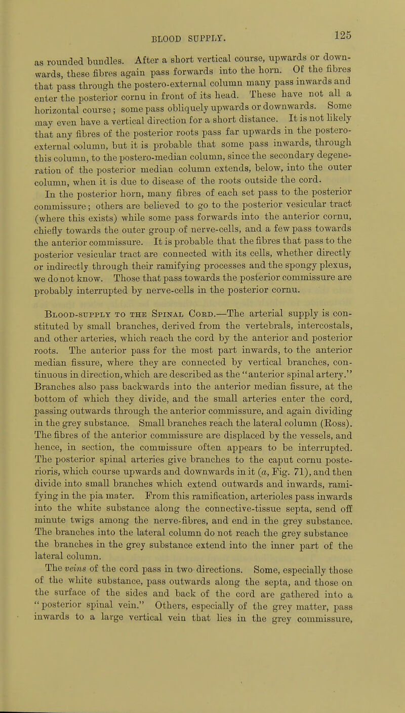 BLOOD SUPPLr. as rounded bundles. After a short vertical course, upwards or down- wards, these fibres again pass forwards into the horn. Of the fibres that pass through the postero-external column many pass inwards and enter the posterior cornu in front of its head. These have not all a horizontal course ; some pass obliquely upwards or downwards. Some may even have a vertical direction for a short distance. It is not hkely that any fibres of the posterior roots pass far upwards in the postero- external column, but it is probable that some pass inwards, through this column, to the postero-median column, since the secondary degene- ration of the posterior median column extends, below, into the outer column, when it is due to disease of the roots outside the cord. In the posterior horn, many fibres of each set pass to the posterior commissure; others are believed to go to the posterior vesicular tract (where this exists) while some pass forwards into the anterior cornu, chiefly towards the outer group of nerve-cells, and a few pass towards the anterior commissure. It is probable that the fibres that pass to the posterior vesicular tract are connected with its cells, whether directly or indirectly through their ramifying processes and the spongy plexus, we do not know. Those that pass towards the posterior commissure are probably interrupted by nerve-cells in the posterior cornu. Blood-sitpply to the Spinal Coed.—The arterial supply is con- stituted by small branches, derived from the vertebrals, intercostals, and other arteries, which reach the cord by the anterior and posterior roots. The anterior pass for the most part inwards, to the anterior median fissure, where they are connected by vertical branches, con- tinuous in direction, which are described as the anterior spinal artery. Branches also pass backwards into the anterior median fissure, at the bottom of which they divide, and the small arteries enter the cord, passing outwards through the anterior commissure, and again dividing in the grey substance. Small branches reach the lateral column (Ross). The fibres of the anterior commissure are disj)laced by the vessels, and hence, in section, the commissure often appears to be interrujjted. The posterior spinal arteries give branches to the caput cornu poste- rioris, which course upwards and downwards in it (a. Fig. 71), and then divide into small branches which extend outwards and inwards, rami- fying in the pia ma ter. From this ramification, arterioles pass inwards into the white substance along the connective-tissue septa, send off minute twigs among the nerve-fibres, and end in the grey substance. The branches into the lateral column do not reach the grey substance the branches in the grey substance extend into the inner part of the lateral column. The veins of the cord pass in two directions. Some, especially those of the white substance, pass outwards along the septa, and those on the surface of the sides and back of the cord are gathered into a  posterior spinal vein. Others, especially of the grey matter, pass inwards to a large vertical vein that lies in the grey commissure.