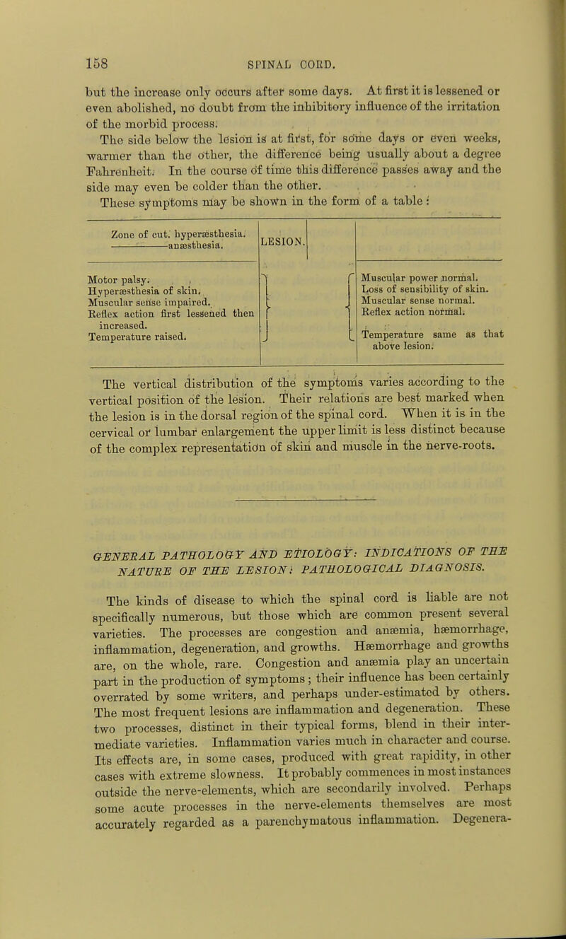 but the incroase only occurs aftet some days. At first it is lessened or even abolished, nO doubt from the inhibitory influence of the irritation of the morbid process. The side below the IdsiOn is at fii'st, fb'r sdme days or even weeks, ■warmer than the other, the difference being usually about a degree Fahrenheit. In the course of time this difference! passes away and the side may even be colder than the other. These symptoms may be sho-W'n in the form of a table: Zone of cut. hypersesthesia. anesthesia. LESION. Motor palsy. HyperiBsthesia of skin, Muscular sense impaired. Eeflex action first lessened then increased. Temperature raised. Muscular power normal. Loss of sensibility of skin. Muscular sense normal. Reflex action nornial. Temperature same as that above lesion. The vertical distribution of the symptonis varies according to the vertical position of the lesion. Their relations are best marked when the lesion is in the dorsal region of the spinal cord. When it is in the cervical or lumbal* enlargenient the upper limiit is less distinct because of the complex representation of skin and muscle in the nerve-roots. GENEBAL PAmOLO&T AND EtlOLOGY: INDICATIONS OF TEE NATUEE OF TSE LESION: PATHOLOGICAL DIAGNOSIS. The kinds of disease to which the spinal cord is liable are not specifically numerous, but those which are common present several varieties. The processes are congestion and anaemia, haemorrhage, inflammation, degeneration, and growths. Haemorrhage and growths are, on the whole, rare. Congestion and anaemia play an uncertain part in the production of symptoms ; their influence has been certainly overrated by some writers, and perhaps under-estimated by others. The most frequent lesions are inflammation and degeneration. These two processes, distinct in their typical forms, blend in their inter- mediate varieties. Inflammation varies much in character and course. Its effects are, in some cases, produced with great rapidity, in other cases with extreme slowness. It probably commences in most instances outside the nerve-elements, which are secondarily involved. Perhaps some acute processes in the nerve-elements themselves are most accurately regarded as a parenchymatous inflammation. Degenera-