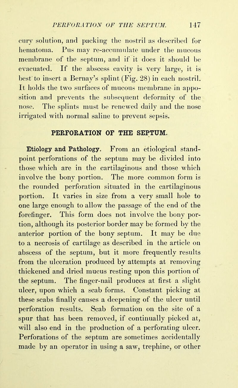 ciiry solution, and packing tlie nostril as described for hematoma. Pus may re-accumulate under tlie mucous membrane of the septum, and if it does it should be evacuated. If the abscess cavity is very large, it is best'to insert a Bernay’s splint (Fig. 28) in each nostril. It holds the two surfaces of mucous membrane in appo- sition and prevents the subsequent deformity of the nose. The splints must be renewed daily and the nose irrigated with normal saline to prevent sepsis. PERFORATION OF THE SEPTUM. Etiology and Pathology. From an etiological stand- point perforations of the septum may be divided into those which are in the cartilaginous and those which involve the bony portion. The more common form is the rounded perforation situated in the cartilaginous portion. It varies in size from a very small hole to one large enough to allow the passage of the end of the forefinger. This form does not involve the bony por- tion, although its posterior border may be formed by the anterior portion of the bony septum. It may be due to a necrosis of cartilage as described in the article on abscess of the septum, but it more frequently results from the ulceration produced by attempts at removing thickened and dried mucus resting upon this portion of the septum. The finger-nail produces at first a slight ulcer, upon which a scab forms. Constant picking at these scabs finally causes a deepening of the ulcer until perforation results. Scab formation on the site of a spur that has been removed, if continually picked at, will also end in the production of a perforating ulcer. Perforations of the septum are sometimes accidentally made by an operator in using a saw, trephine, or other