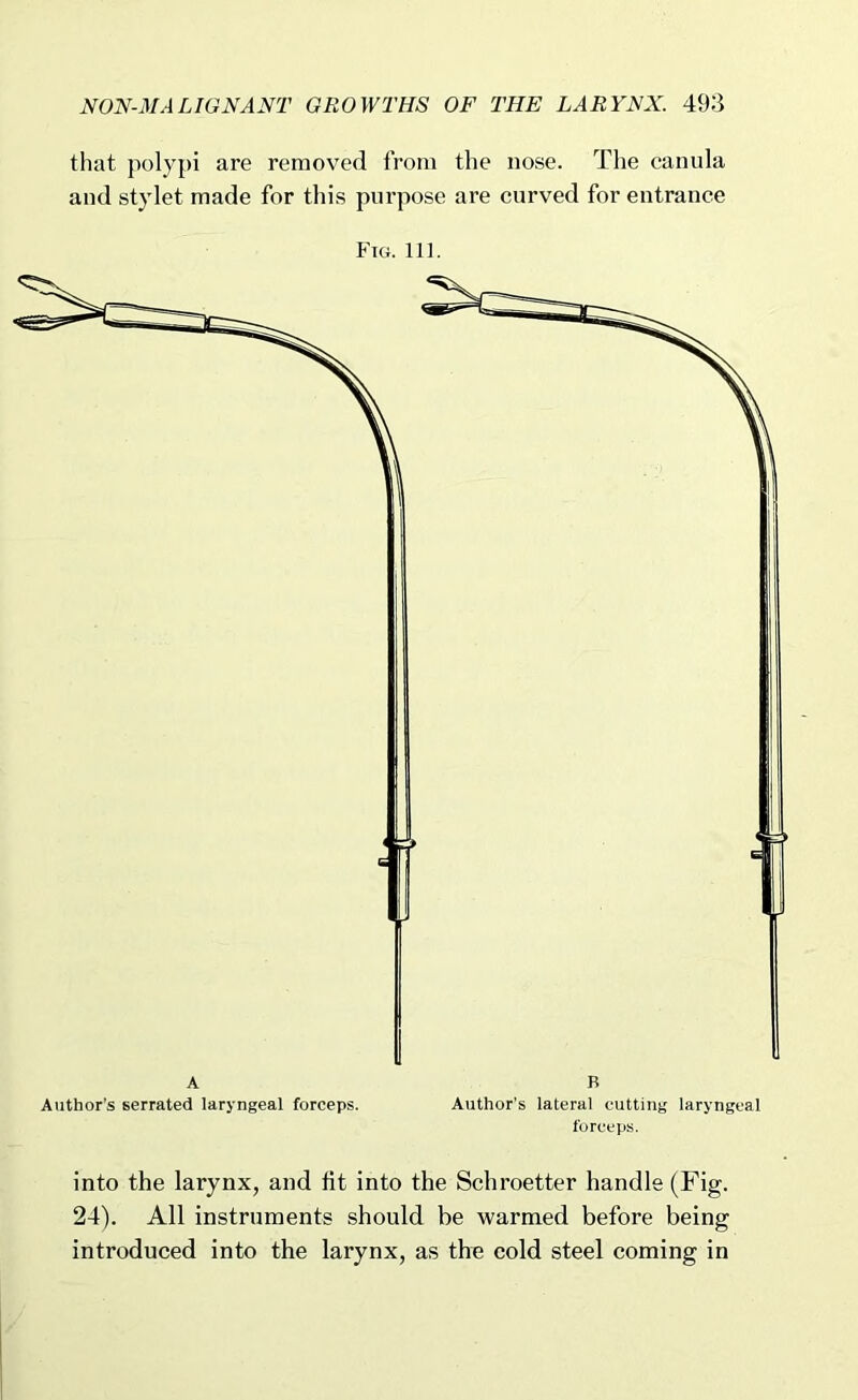 that polypi are removed from the nose. The canula and stylet made for this purpose are curved for entrance Ftg. 111. forceps. into the larynx, and fit into the Schroetter handle (Fig. 24). All instruments should be warmed before being introduced into the larynx, as the cold steel coming in