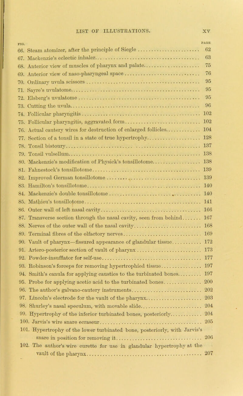 FIG. PAGE 66. Steam atomizer, after the principle of Siegle 62 67. Mackenzie’s eclectic inhaler... 63 68. Anterior view of muscles of pharynx and palate 75 69. Anterior view of naso-pharyngeal space 76 70. Ordinary uvula scissors 95 71. Sayre’s uvulatome 95 72. Elsberg’s uvulatome 95 73. Cutting the uvula 96 74. Follicular pharyngitis 102 75. Follicular pharyngitis, aggravated form 102 76. Actual cautery wires for destruction of enlarged follicles 104 77. Section of a tonsil in a state of true hypertrophy 128 78. Tonsil bistoury 137 79. Tonsil vulsellum * 138 80. Mackenzie’s modification of Physick’s tonsillotome 138 81. Fahnestock’s tonsillotome 139 82. Improved German tonsillotome 139 83. Hamilton’s tonsillotome 140 84. Mackenzie’s double tonsillotome 140 85. Mathieu’s tonsillotome 141 86. Outer wall of left nasal cavity 166 87. Transverse section through the nasal cavity, seen from behind 167 88. Nerves of the outer wall of the nasal cavity 168 89. Terminal fibres of the olfactory nerves 169 90. Vault of pharynx—fissured appearance of glandular tissue 172 91. Artero-posterior section of vault of pharynx 173 92. Powder-insufflator for self-use 177 93. Robinson’s forceps for removing hypertrophied tissue 197 94. Smith’s canula for applying caustics to the turbinated bones 197 95. Probe for applying acetic acid to the turbinated bones 200 96. The author’s galvano-cautery instruments 202 97. Lincoln’s electrode for the vault of the pharynx 203 98. Shurley’s nasal speculum, with movable slide 204 99. Hypertrophy of the inferior turbinated bones, posteriorly 204 100. Jarvis’s wire snare ecraseur 205 101. Hypertrophy of the lower turbinated bone, posteriorly, with Jarvis’s snare in position for removing it 206 102. The author’s wire curette for use in glandular hypertrophy at the vault of the pharynx 207