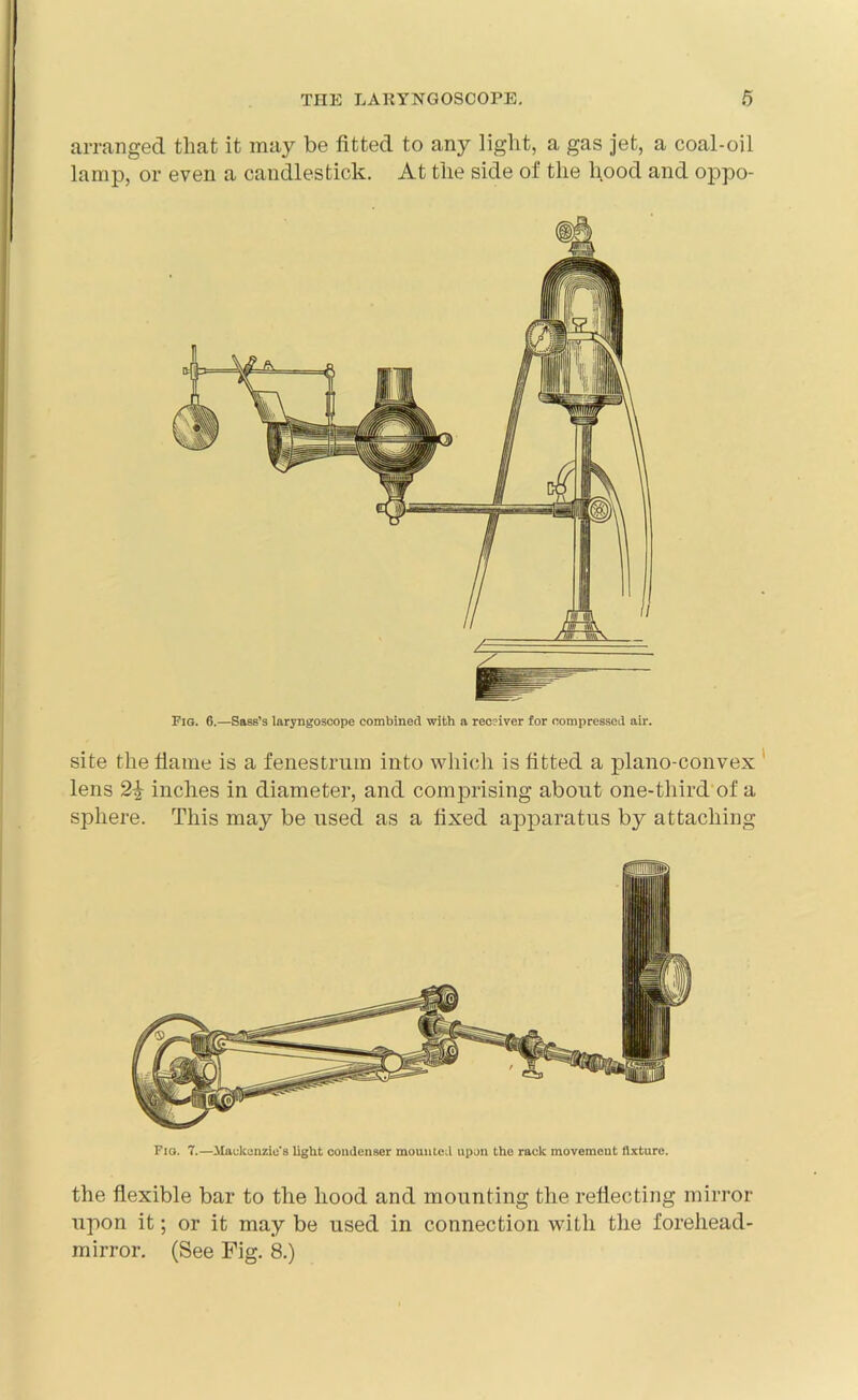 arranged tliat it may be fitted to any light, a gas jet, a coal-oil lamp, or even a candlestick. At the side of the hood and oppo- Fig. 6.—Sas8’s laryngoscope combined with a receiver for compressed air. site the flame is a fenestrum into which is fitted a plano-convex lens 2i inches in diameter, and comprising about one-third of a sphere. This may be used as a fixed apparatus by attaching Fig. 7.—Mackenzie's light condenser mounted upon the rack movement fixture. the flexible bar to the hood and mounting the reflecting mirror upon it; or it may be used in connection with the forehead- mirror. (See Fig. 8.)