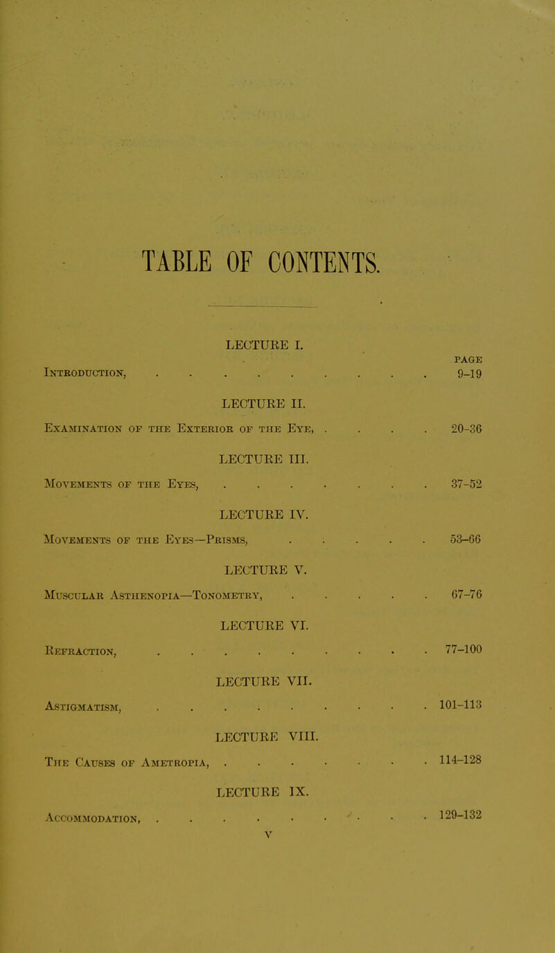 TABLE OF CONTENTS. LECTURE I. PAGE Introduction, . . ....... 9-19 LECTURE II. Examination of the Exterior of the Eye, .... 20-36 LECTURE III. Movements of the Eyes, ....... 37-52 LECTURE IV. AIovements of the Eyes—Prisms, ..... 53-66 LECTURE V. MuscuiiAR Asthenopia—Tonometry, ..... 67-76 LECTURE VI. Refraction, 77-100 LECTURE VII. Astigmatism, 101-113 LECTURE VIII. The Causes of Ametropia, 114-128 LECTURE IX. .\CCOMMODATION, . . . • • • ' • • • 129-132