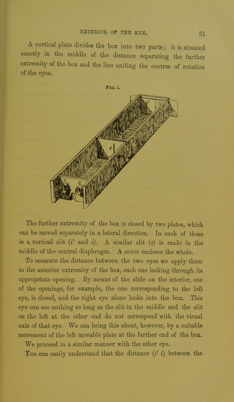 A vertical plate divides the box into two parts ; it is situated exactly in the middle of the distance separating the further extremity of the box and the line uniting the centres of rotation of the eyes. Fio. 1. The further extremity of the box is closed by two plates, which can be moved separately in a lateral direction. In each of these is a vertical slit {%' and i). A similar slit (e) is made in the middle of the central diaphragm. A cover encloses the whole. To measure the distance between the two eyes we apply them to the anterior extremity of the box, each one looking through its appropriate opening. By means of the slide on the interior, one of the openings, for example, the one corresponding to the left eye, is closed, and the right eye alone looks into the box. This eye can see nothing so long as the slit in the middle and the slit on the left at the other end do not correspond with the visual axis of that eye. We can bring this about, however, by a suitable movement of the left movable plate at the further end of the box. We proceed in a similar manner with the other eye. You can easily understand that the distance {i' i) between the