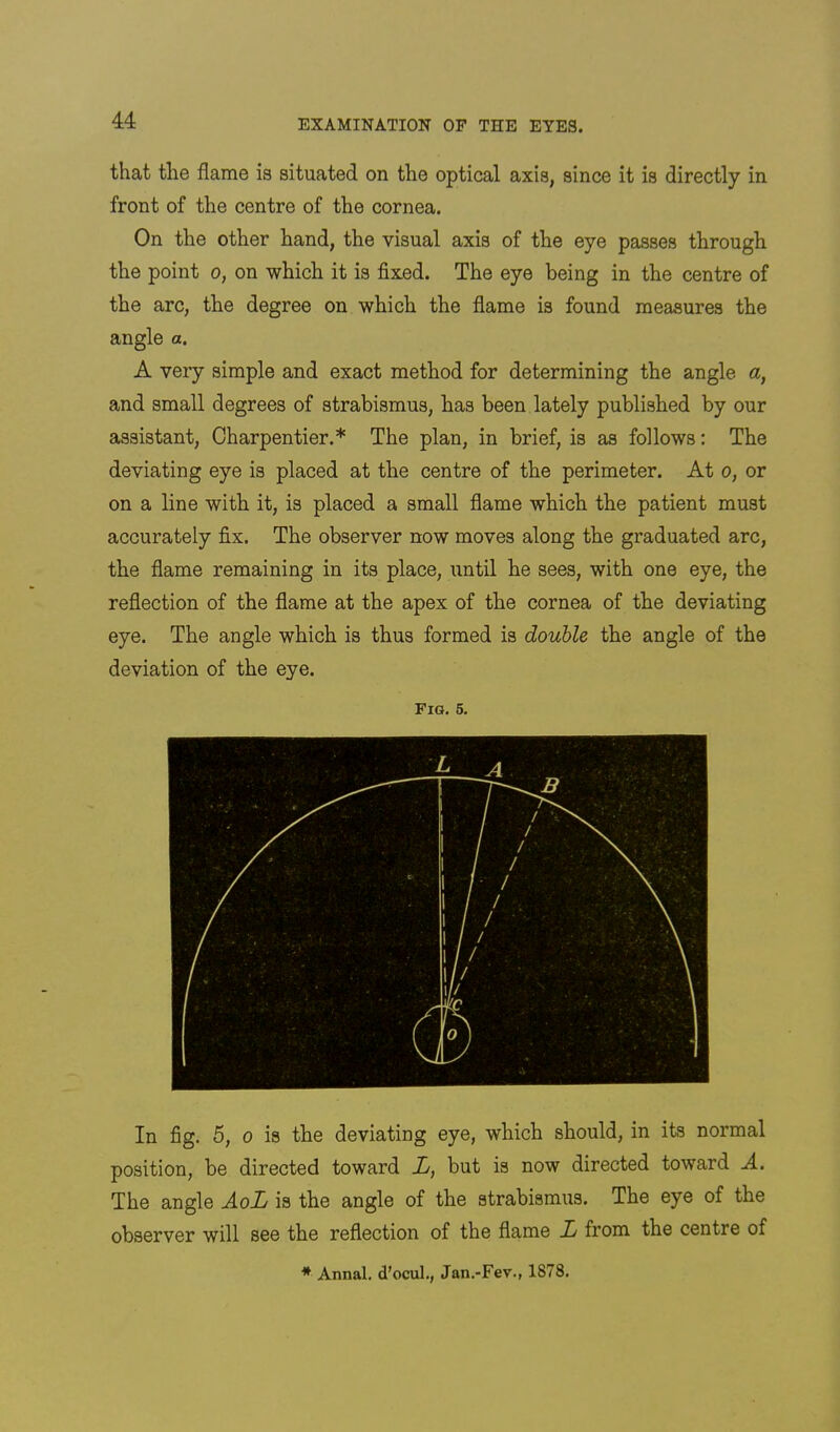 that the flame is situated on the optical axis, since it is directly in front of the centre of the cornea. On the other hand, the visual axis of the eye passes through the point o, on which it is fixed. The eye being in the centre of the arc, the degree on which the flame is found measures the angle a. A very simple and exact method for determining the angle a, and small degrees of strabismus, has been lately published by our assistant, Charpentier.* The plan, in brief, is as follows: The deviating eye is placed at the centre of the perimeter. At o, or on a line with it, is placed a small flame which the patient must accurately fix. The observer now moves along the graduated arc, the flame remaining in its place, until he sees, with one eye, the reflection of the flame at the apex of the cornea of the deviating eye. The angle which is thus formed is double the angle of the deviation of the eye. Fig. 6. In fig. 5, 0 is the deviating eye, which should, in its normal position, be directed toward L, but is now directed toward A. The angle AoL is the angle of the strabismus. The eye of the observer will see the reflection of the flame L from the centre of * Annal. d’ocul., Jan.-Fey., 1878.