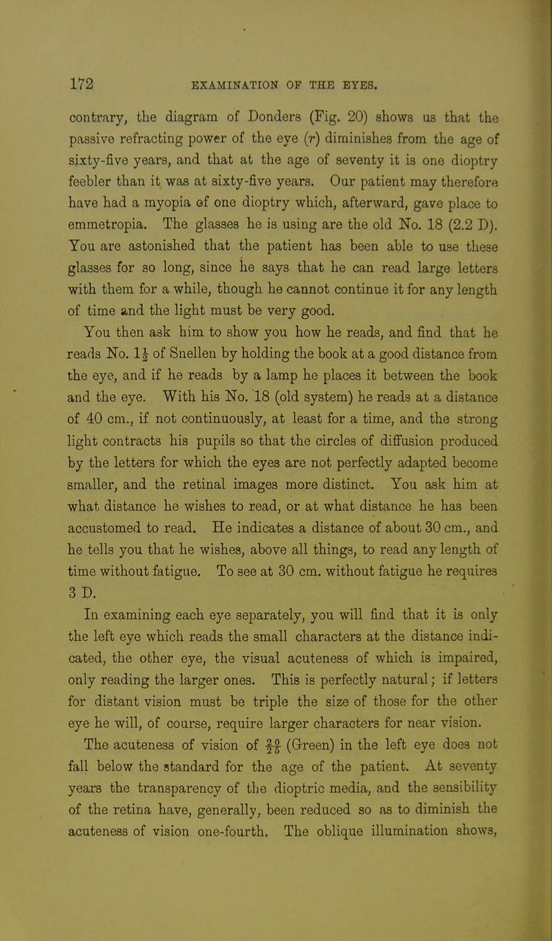 contrary, the diagram of Bonders (Fig. 20) shows us that the passive refracting power of the eye (r) diminishes from the age of sixty-five years, and that at the age of seventy it is one dioptry feebler than it was at sixty-five years. Our patient may therefore have had a myopia of one dioptry which, afterward, gave place to emmetropia. The glasses he is using are the old No. 18 (2,2 D). You are astonished that the patient has been able to use these glasses for so long, since he says that he can read large letters with them for a while, though he cannot continue it for any length of time and the light must be very good. You then ask him to show you how he reads, and find that he reads No. IJ of Snellen by holding the book at a good distance from the eye, and if he reads by a lamp he places it between the book and the eye. With his No. 18 (old system) he reads at a distance of 40 cm., if not continuously, at least for a time, and the strong light contracts his pupils so that the circles of diffusion produced by the letters for which the eyes are not perfectly adapted become smaller, and the retinal images more distinct. You ask him at what distance he wishes to read, or at what distance he has been accustomed to read. He indicates a distance of about 30 cm., and he tells you that he wishes, above all things, to read any length of time without fatigue. To see at 30 cm. without fatigue he requires 3 D. In examining each eye separately, you will find that it is only the left eye which reads the small characters at the distance indi- cated, the other eye, the visual acuteness of which is impaired, only reading the larger ones. This is perfectly natural; if letters for distant vision must be triple the size of those for the other eye he will, of course, require larger characters for near vision. The acuteness of vision of (Green) in the left eye does not fall below the standard for the age of the patient. At seventy years the transparency of the dioptric media, and the sensibility of the retina have, generally, been reduced so as to diminish the acuteness of vision one-fourth. The oblique illumination shows.