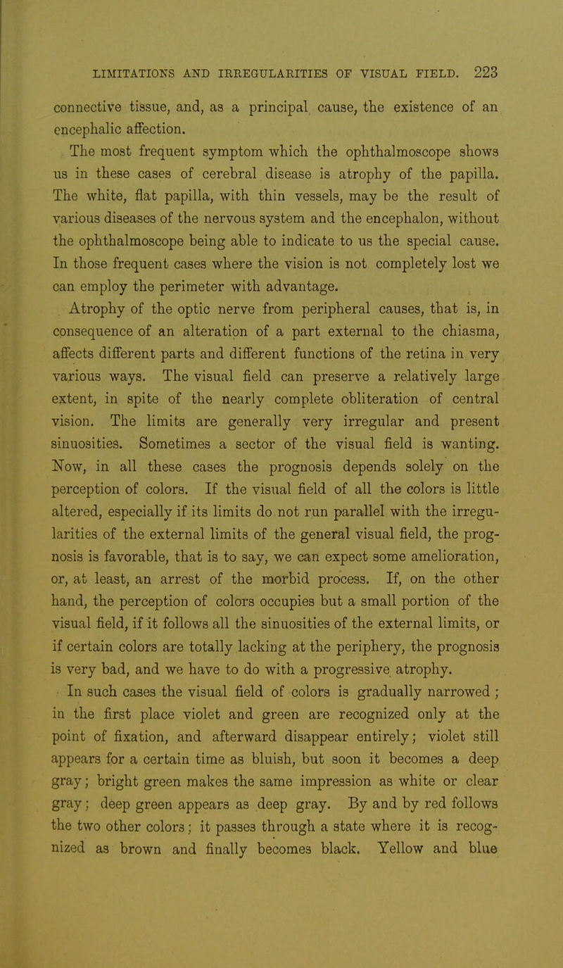 connective tissue, and, as a principal cause, the existence of an encephalic affection. The most frequent symptom which the ophthalmoscope shows us in these cases of cerebral disease is atrophy of the papilla. The white, flat papilla, with thin vessels, may be the result of various diseases of the nervous system and the encephalon, without the ophthalmoscope being able to indicate to us the special cause. In those frequent cases where the vision is not completely lost we can employ the perimeter with advantage. Atrophy of the optic nerve from peripheral causes, that is, in consequence of an alteration of a part external to the chiasma, affects different parts and different functions of the retina in very various ways. The visual field can preserve a relatively large extent, in spite of the nearly complete obliteration of central vision. The limits are generally very irregular and present sinuosities. Sometimes a sector of the visual field is wanting. Now, in all these cases the prognosis depends solely on the perception of colors. If the visual field of all the colors is little altered, especially if its limits do not run parallel with the irregu- larities of the external limits of the general visual field, the prog- nosis is favorable, that is to say, we can expect some amelioration, or, at least, an arrest of the morbid process. If, on the other hand, the perception of colors occupies but a small portion of the visual field, if it follows all the sinuosities of the external limits, or if certain colors are totally lacking at the periphery, the prognosis is very bad, and we have to do with a progressive atrophy. In such cases the visual field of colors is gradually narrowed ; in the first place violet and green are recognized only at the point of fixation, and afterward disappear entirely; violet still appears for a certain time as bluish, but soon it becomes a deep gray; bright green makes the same impression as white or clear gray; deep green appears as deep gray. By and by red follows the two other colors; it passes through a state where it is recog- nized as brown and finally becomes black. Yellow and blue