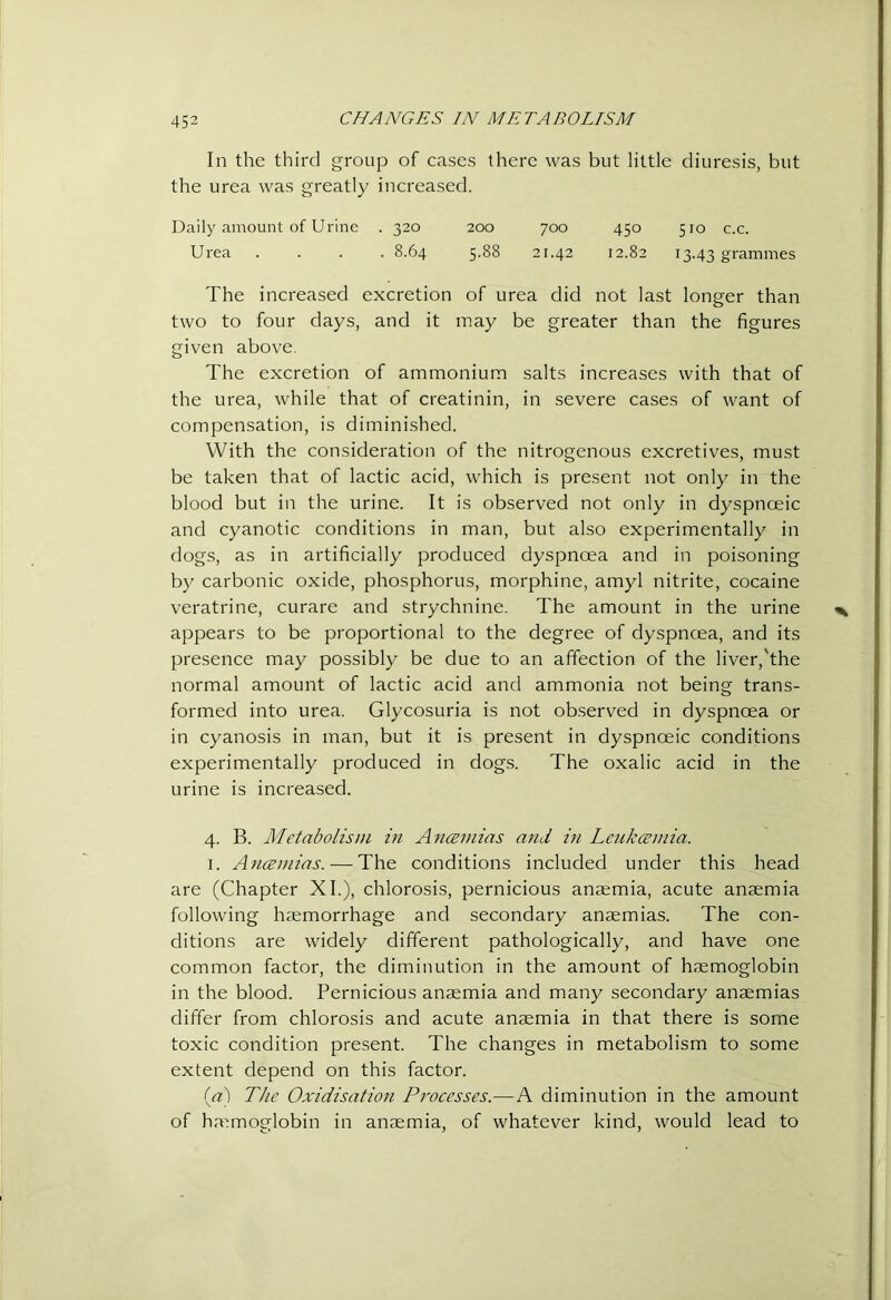In the third group of cases there was but little diuresis, but the urea was greatly increased. Daily amount of Urine . 320 200 700 450 510 c.c. Urea .... 8.64 5.88 21.42 12.82 13.43 grammes The increased excretion of urea did not last longer than two to four days, and it may be greater than the figures given above. The excretion of ammonium salts increases with that of the urea, while that of creatinin, in severe cases of want of compensation, is diminished. With the consideration of the nitrogenous excretives, must be taken that of lactic acid, which is present not only in the blood but in the urine. It is observed not only in dyspnoeic and cyanotic conditions in man, but also experimentally in dogs, as in artificially produced dyspnoea and in poisoning by carbonic oxide, phosphorus, morphine, amyl nitrite, cocaine veratrine, curare and strychnine. The amount in the urine appears to be proportional to the degree of dyspnoea, and its presence may possibly be due to an affection of the liver,'the normal amount of lactic acid and ammonia not being trans- formed into urea. Glycosuria is not ob.served in dyspnoea or in cyanosis in man, but it is present in dyspnceic conditions experimentally produced in dogs. The oxalic acid in the urine is increased. 4. B. ]\Ietnbolis))i in A7uzniias and m Leukceniia. I. AncBuiias. — The conditions included under this head are (Chapter XI.), chlorosis, pernicious anaemia, acute anaemia following haemorrhage and secondary anaemias. The con- ditions are widely different pathologically, and have one common factor, the diminution in the amount of haemoglobin in the blood. Pernicious anaemia and many secondary anaemias differ from chlorosis and acute anaemia in that there is some toxic condition present. The changes in metabolism to some extent depend on this factor. {ak The Oxidisation Pi'ocesses.—A diminution in the amount of haemoglobin in anaemia, of whatever kind, would lead to