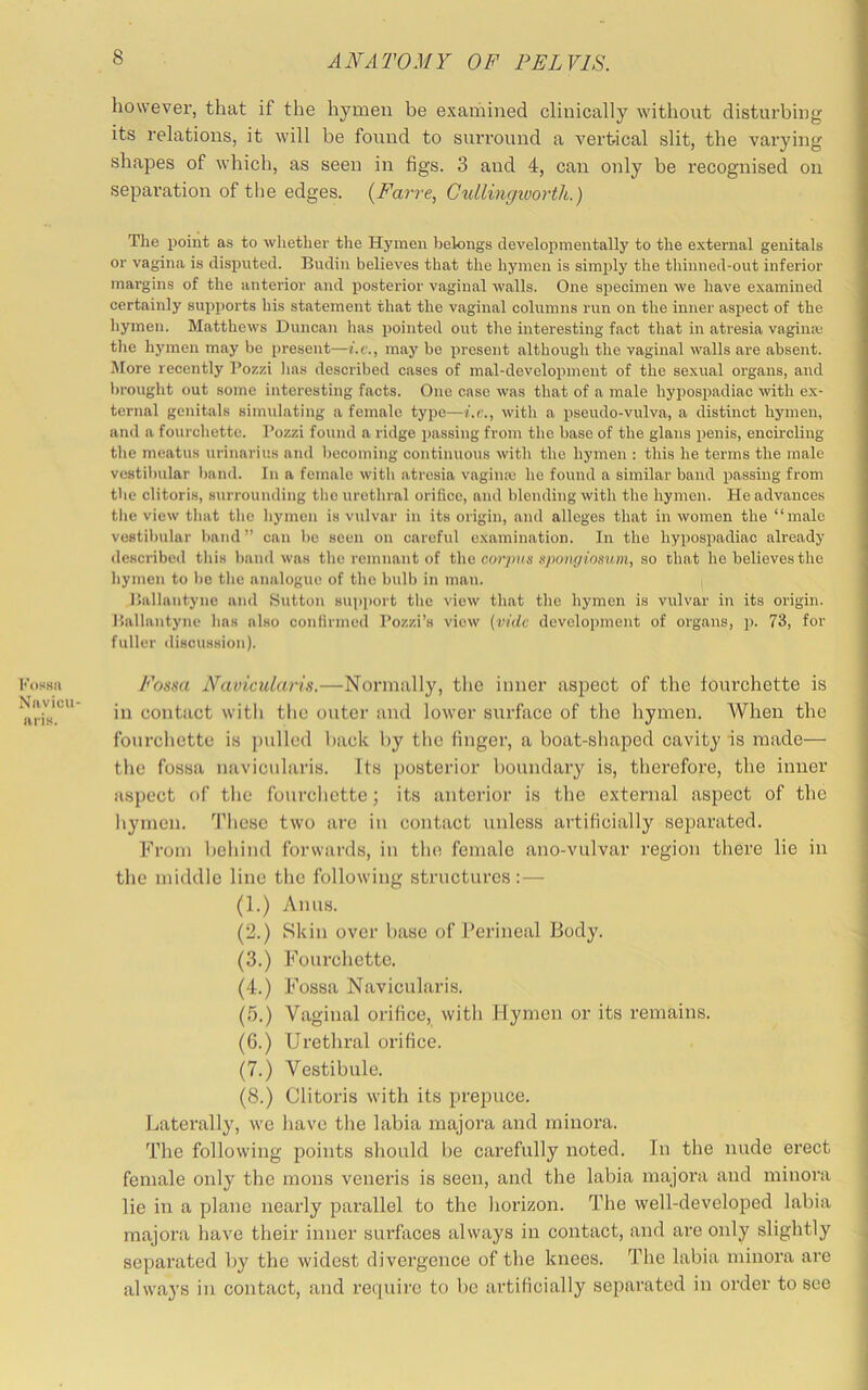 Imimsii Niivicu- iiris. however, that if the hymen be examined clinically without disturbing its relations, it will be found to surround a vertical slit, the varying shapes of which, as seen in figs. 3 and 4, can only be recognised on separation of the edges. {Farre, Gullingwortli.) The point as to whether the Hymen belongs developmentally to the external genitals or vagina is disputed. Budin believes that the hymen is simply the thinned-out inferior margins of the anterior and posterior vaginal walls. One specimen we have examined certainly supports his statement that the vaginal columns run on the inner aspect of the hymen. Matthews Duncan has pointed out the interesting fact that in atresia vagina; the hymen may be present—f.c., maj' bo present .although the vaginal walls are absent. More recently Pozzi has described cases of mal-developmeut of the sexual org.ans, and brought out some interesting facts. One case was that of a male hypospadiac with ex- ternal genitals simulating a female type—i.v., with a pseudo-vulva, a distinct hymen, and a fourchette. Pozzi found a ridge jiassing from the base of the glans penis, encircling the meatus urinarius and becoming continuous with the hymen : this he terms the male vestilmlar band. In a female with atresia vagime he found a similar band passing from tbe clitoris, surrounding the urethral orifice, and blending with the hymen. He advances the view that the hymen is vulvar in its origin, and alleges that in women the “male vestibular band ” can be seen on careful examination. In the hypospadiac already described this band was the remnant of tho corpus K/wnginsum, so that he believes the hymen to bo the analogue of the bulb in man. Ballantync and Sutton sui)iiort the view that the hymen is vulvar in its origin. P.allantyne has also confirmed Pozzi’s view {vide development of organs, p. 73, for fuller discussion). Fomi Navicularis.—Normally, the inner aspect of the fonrehette is in contact with the outer ami lower surface of the hymen. When the fonrehette is pulled back by the finger, a boat-shaped cavity is made— the fossa navicidaris. Its posterior boundary is, therefore, the inner aspect of the fourchette ] its anterior is the external aspect of the hymen. These two are in contact unless artificially separated. From behind forwards, in the female ano-vulvar region there lie in the middle line the following structures:— (1.) Anus. (2.) Skin over base of J’erineal Body. (3.) Fourchette. (4.) Fossa Navicularis. (5.) Vaginal orifice, with Hymen or its remains. (G.) Urethral orifice. (7.) Vestibule. (8.) Clitoris with its prepuce. Laterally, we have the labia majora and minora. The following points should be carefully noted. In the nude erect female only the mons veneris is seen, and the labia majora and minora lie in a plane nearly parallel to the horizon. The well-developed labia majora have their inner surfaces always in contact, and are only slightly separated by the widest divergence of the knees. The labia minoi’a are alw.ays in contact, and require to be artificially separated in order to see