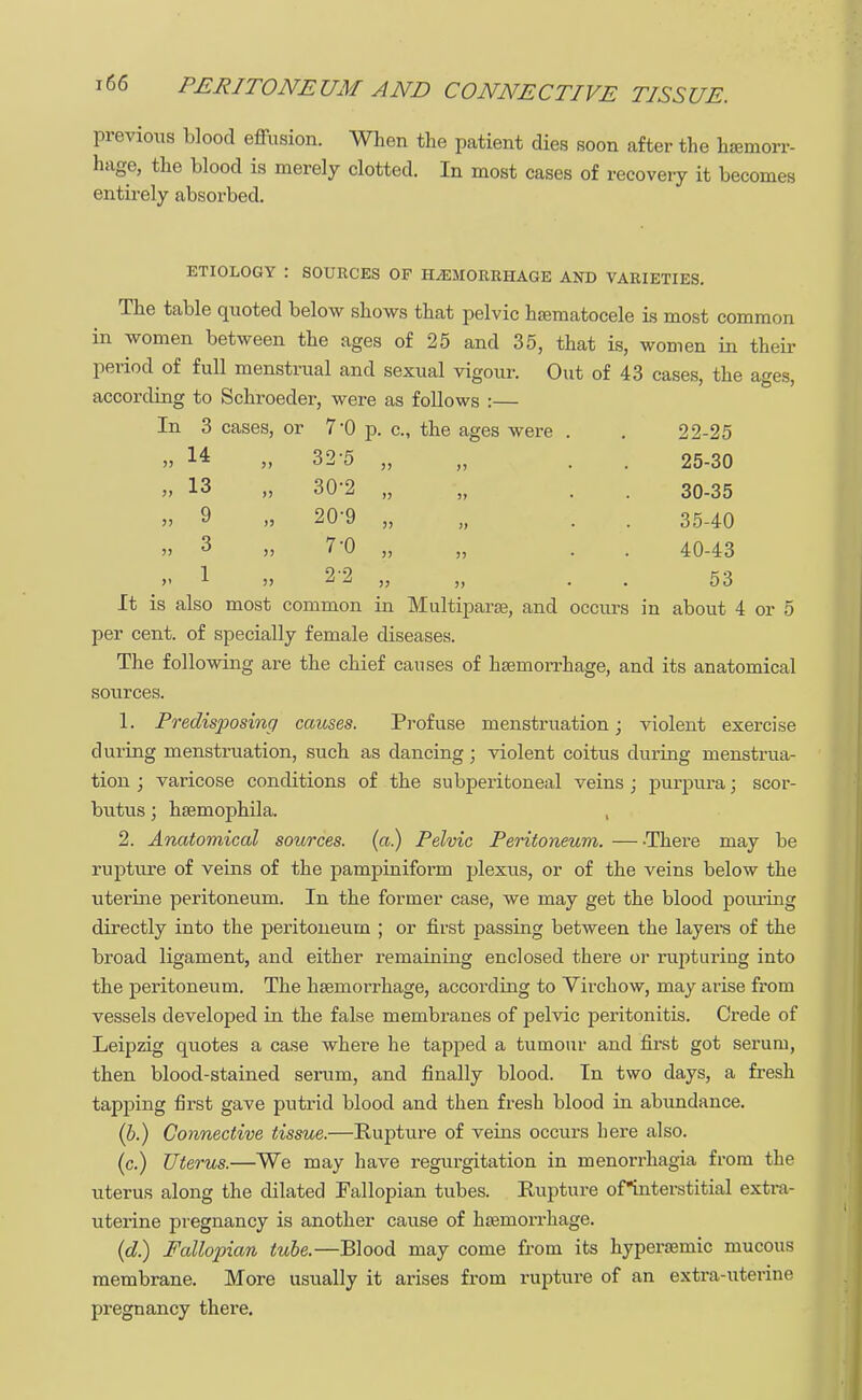 previous blood effusion. When the patient dies soon after the haemorr- hage, the blood is merely clotted. In most cases of recovery it becomes entirely absorbed. ETIOLOGY : SOURCES OF HAEMORRHAGE AND VARIETIES. The table quoted below shows that pelvic hematocele is most common in women between the ages of 25 and 35, that is, women in their period of full menstrual and sexual vigour. Out of 43 cases, the ages, according to Schroeder, were as follows :— In 3 cases, or 7'0 p. c, the ages were . . 22-25 14 „ 32-5 13 „ 30-2 9 „ 20-9 3 „ 7-0 25-30 30-35 35-40 40-43 » 1 j> 2*2 „ ,, . 53 It is also most common in Multiparas, and occurs in about 4 or 5 per cent, of specially female diseases. The following are the chief causes of hsemorrhage, and its anatomical sources. 1. Predisposing causes. Profuse menstruation; violent exercise during menstruation, such as dancing; violent coitus during menstrua- tion ; varicose conditions of the subperitoneal veins ; purpura; scor- butus ; hsemophila. 2. Anatomical sources, (a.) Pelvic Peritoneum. — There may be rupture of veins of the pampiniform plexus, or of the veins below the uterine peritoneum. In the former case, we may get the blood pouring directly into the peritoneum ; or first passing between the layei's of the broad ligament, and either remaining enclosed there or rupturing into the peritoneum. The haemorrhage, according to Virchow, may arise from vessels developed in the false membranes of pelvic peritonitis. Crede of Leipzig quotes a case where he tapped a tumour and first got serum, then blood-stained serum, and finally blood. In two days, a fresh tapping first gave putrid blood and then fresh blood in abundance. (b.) Connective tissue.—Rupture of veins occurs here also. (c.) Uterus.—We may have regurgitation in menorrhagia from the uterus along the dilated Fallopian tubes. Rupture ofinterstitial extra- uterine pregnancy is another cause of haemorrhage. (d.) Fallopian tube.—Blood may come from its hyperseinic mucous membrane. More usually it arises from rupture of an extra-uterine pregnancy there.