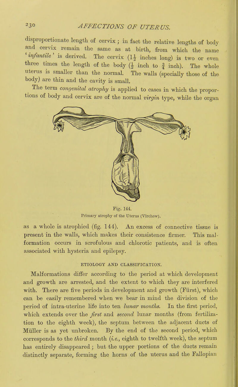 disproportionate length of cervix j in fact the relative lengths of body and cervix remain the same as at birth, from which the name 'infantile' is derived. The cervix (1J inches long) is two or even three times the length of the body (J inch to f inch). The whole uterus is smaller than the normal. The walls (specially those of the body) are thin and the cavity is small. The term congenital atrophy is applied to cases in which the propor- tions of body and cervix are of the normal virgin type, while the organ Fig. 144. Primary atrophy of the Uterus (Vivchow). as a whole is atrophied (fig. 144). An excess of connective tissue is present in the walls, which makes their consistence firmer. This mal- formation occurs in scrofulous and chlorotic patients, and is often associated with hysteria and epilepsy. ETIOLOGY AND CLASSIFICATION. Malformations differ according to the period at which development and growth are arrested, and the extent to which they are interfered with. There are five periods in development and growth (Fiirst), which can be easily remembered when we bear in mind the division of the period of intra-uterine life into ten lunar months. In the first period, which extends over the first and second lunar months (from fertiliza- tion to the eighth week), the septum between the adjacent ducts of Miiller is as yet unbroken. By the end of the second period, which corresponds to the third month (i.e., eighth to twelfth week), the septum has entirely disappeared; but the upper portions of the ducts remain distinctly separate, forming the horns of the uterus and the Fallopian