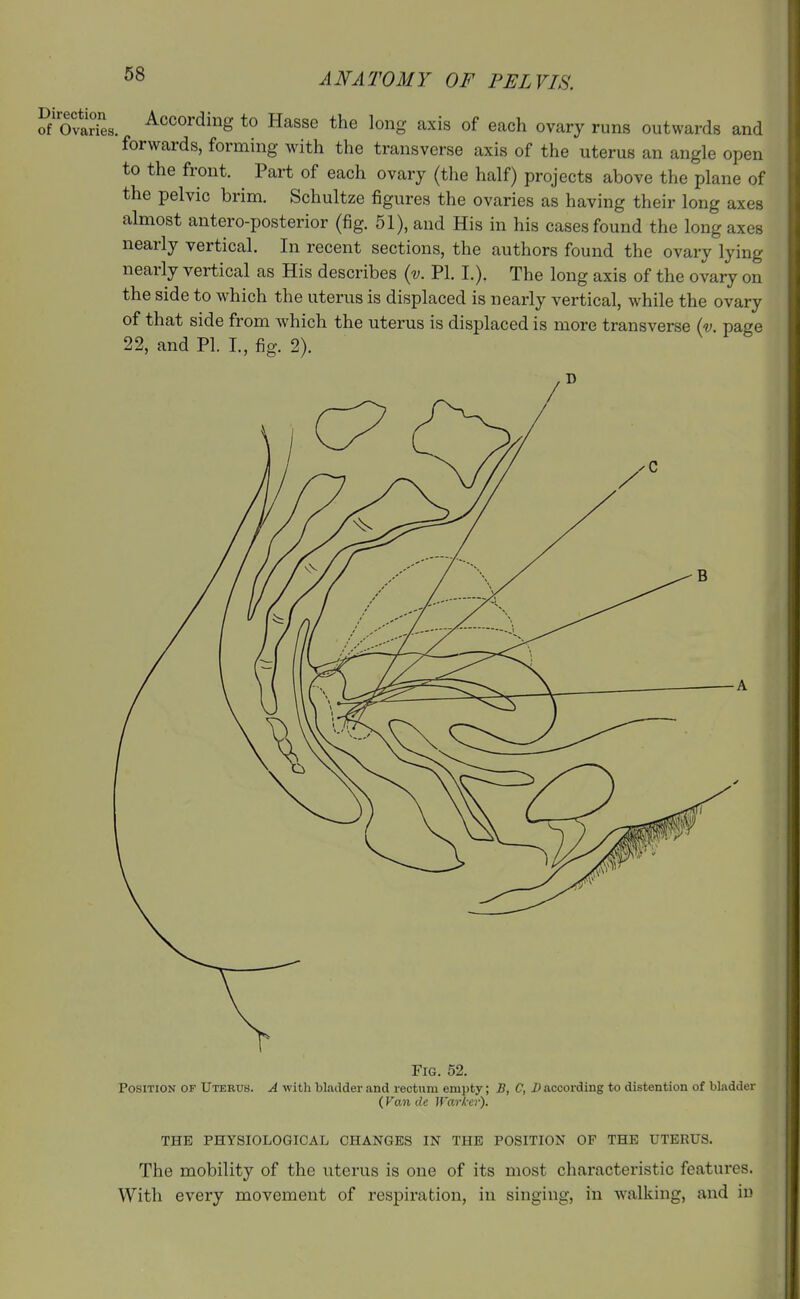 ot'oy^L. According to Hasse the long axis of each ovary runs outwards and forwards, forming with the transverse axis of the uterus an angle open to the front. Part of each ovary (the half) projects above the plane of the pelvic brim. Schultze figures the ovaries as having their long axes almost antero-posterior (fig. 51), aud His in his cases found the long axes nearly vertical. In recent sections, the authors found the ovary lying nearly vertical as His describes {v. PI. I.). The long axis of the ovary on the side to which the uterus is displaced is nearly vertical, while the ovary of that side from which the uterus is displaced is more transverse (v, page 22, and PI. I., fig. 2). The mobility of the uterus is one of its most characteristic features. With every movement of respiration, in singing, in w^alking, and in